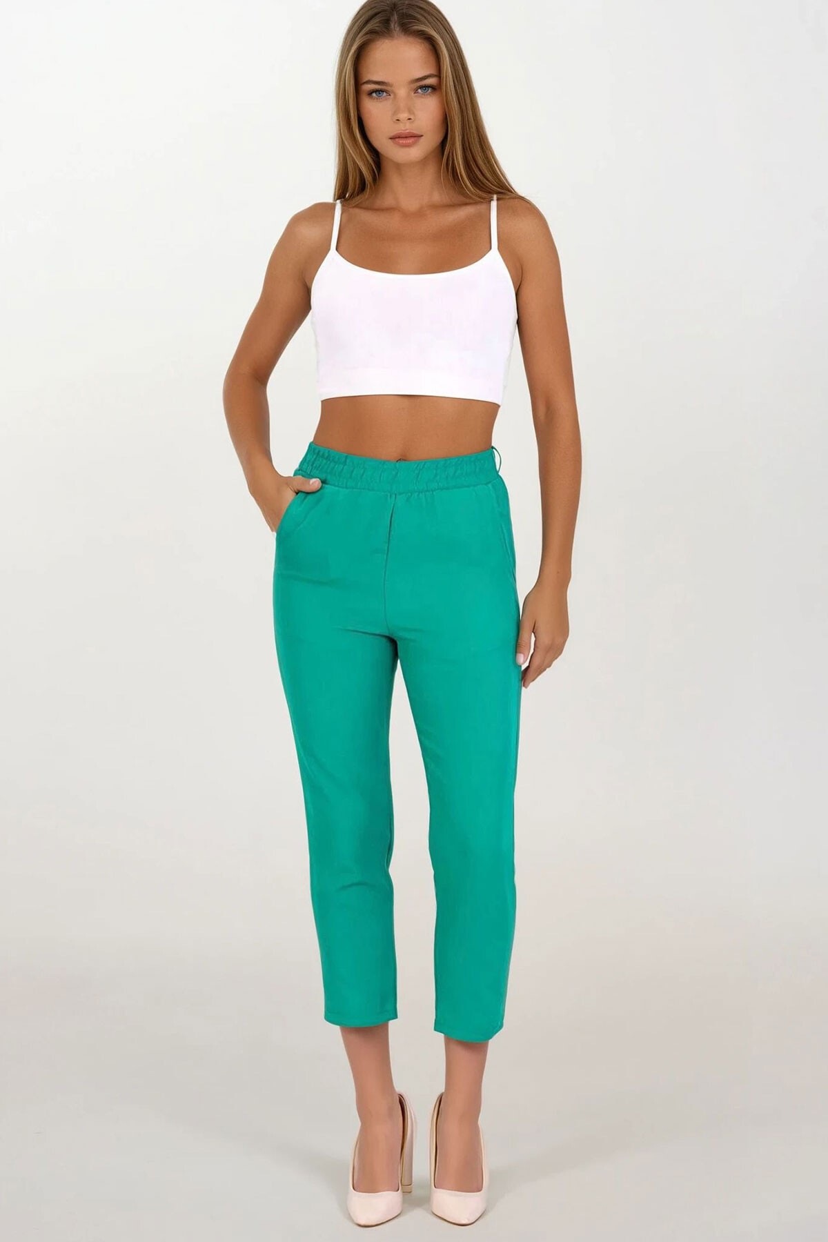 Yeşil Çift Cepli Beli Lastikli Havuç Pantolon
