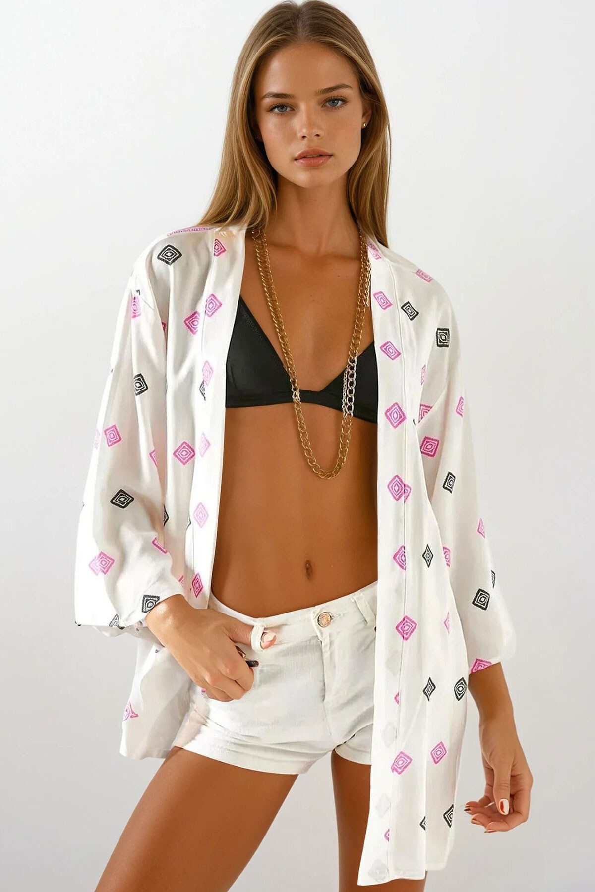 Lila Desenli Dokuma Viskon Kimono