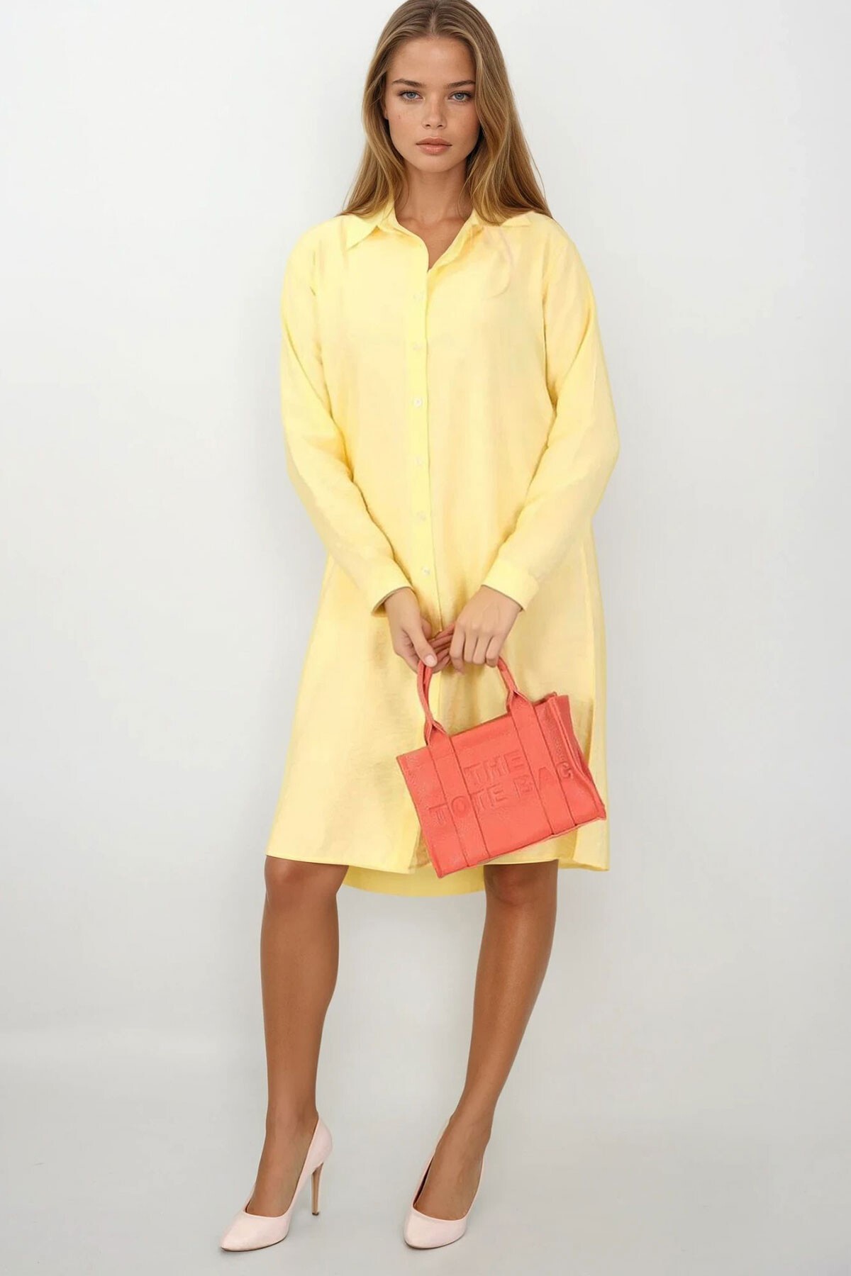 Sarı Düğme Kapamalı Bağcık Detaylı Gömlek Yaka Elbise