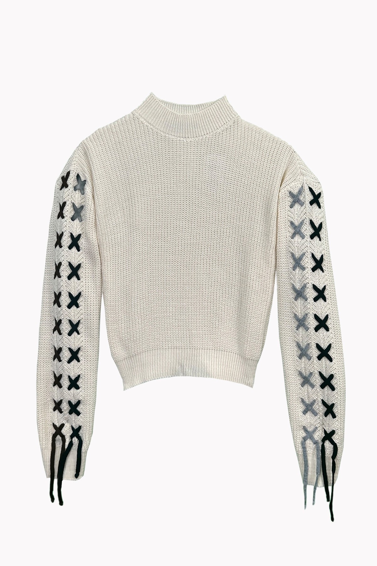 Ekru Bağcıklı Triko Kazak