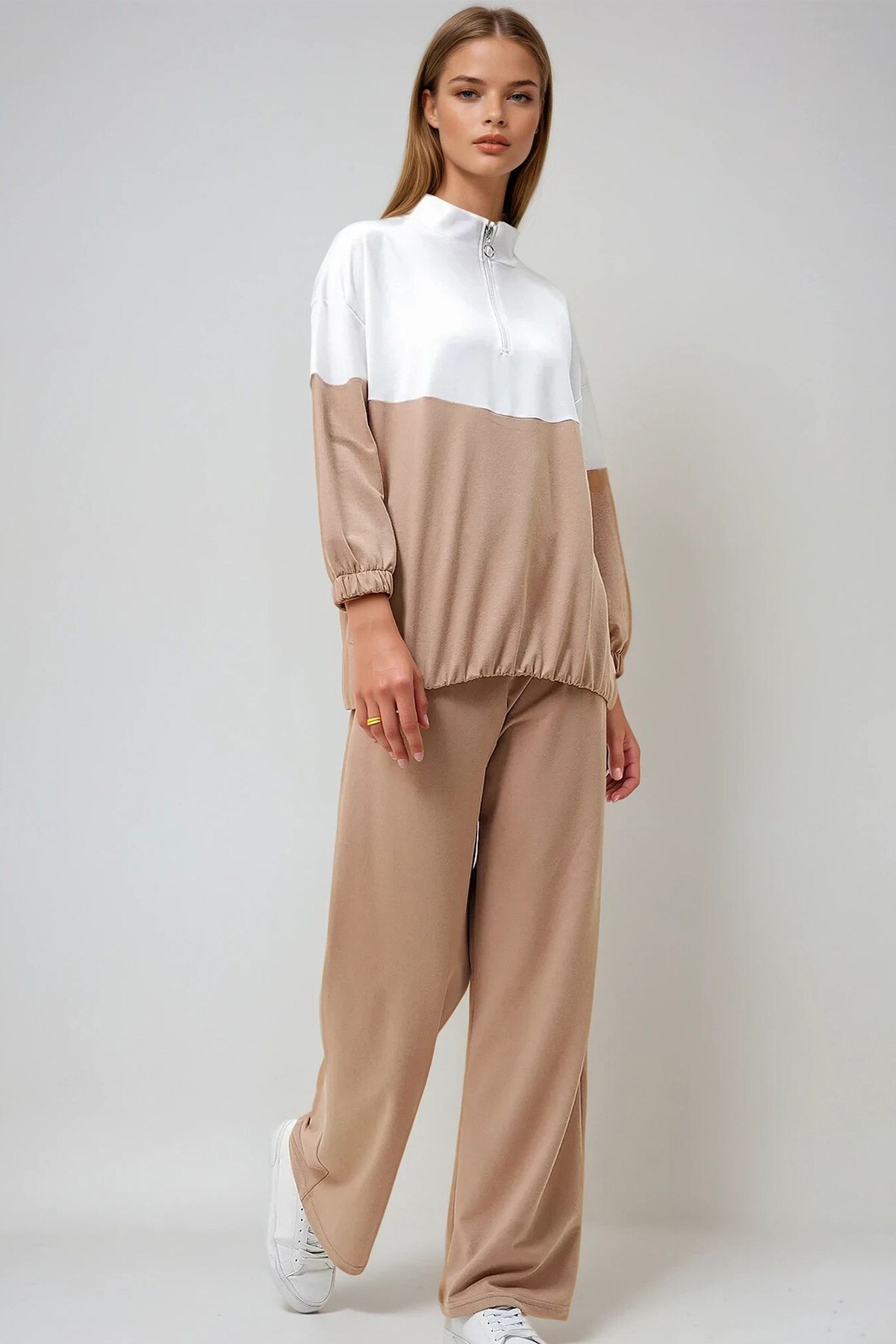 Ekru Bej Dik Yaka Fermuarlı Renk Bloklu İki İplik Alt Üst Takım