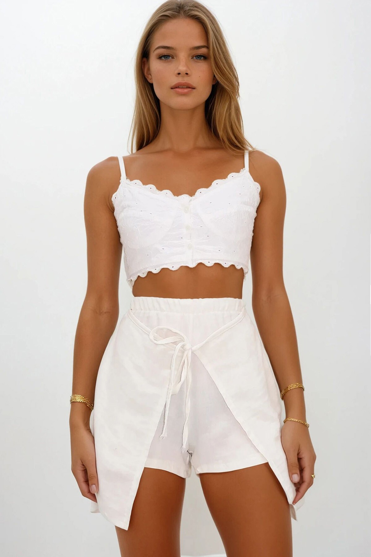 Ekru Beli Lastikli Bağlama Detaylı Kapaklı Müslin Şort Etek