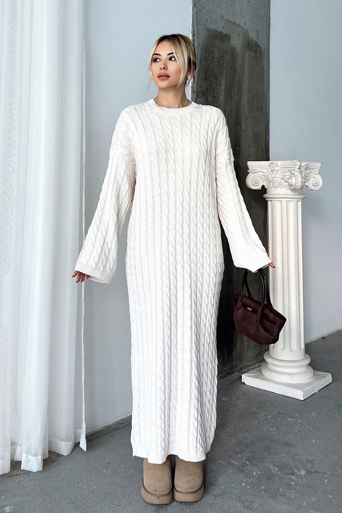 Ekru Bisiklet Yaka Saç Örgülü Kadın Triko Midi Elbise