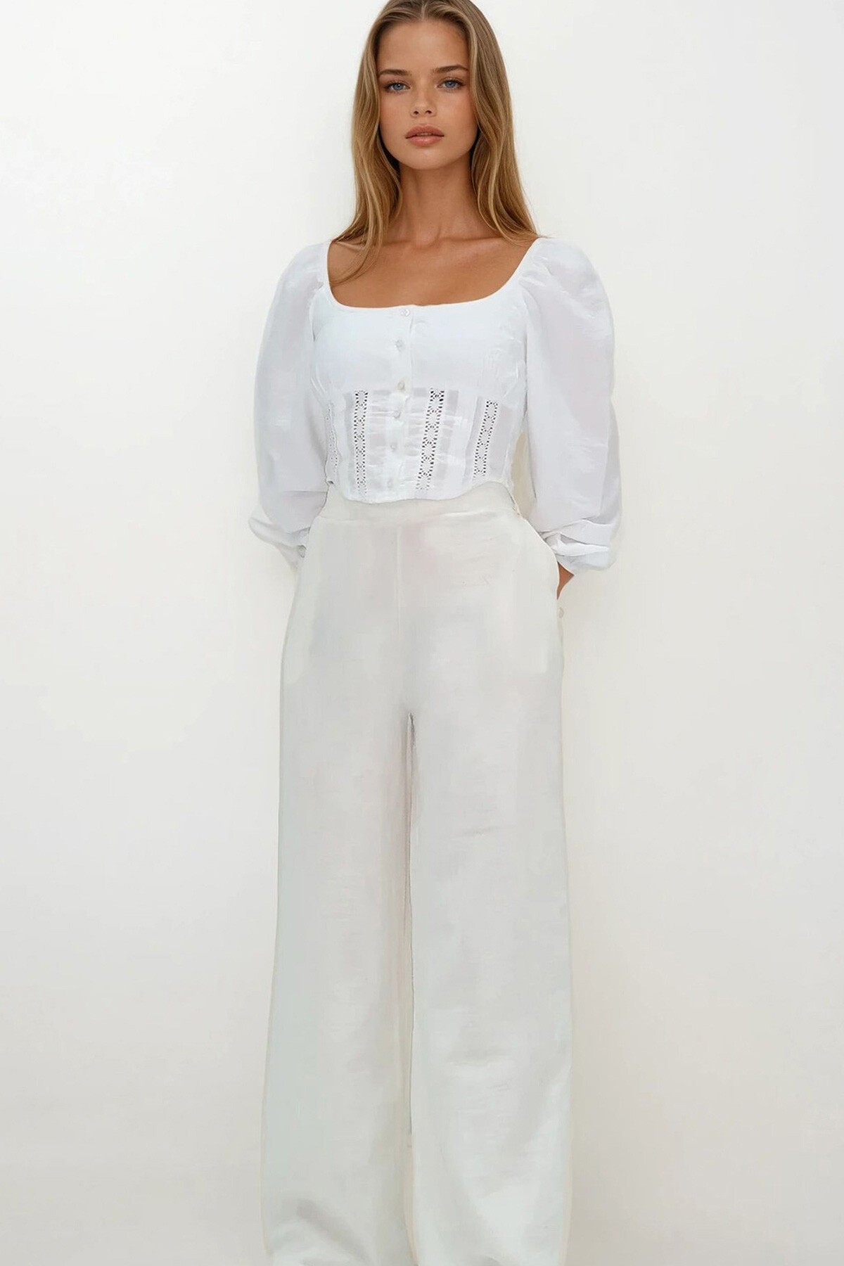 Ekru Çift Cepli Beli Lastikli Müslin Palazzo Pantolon