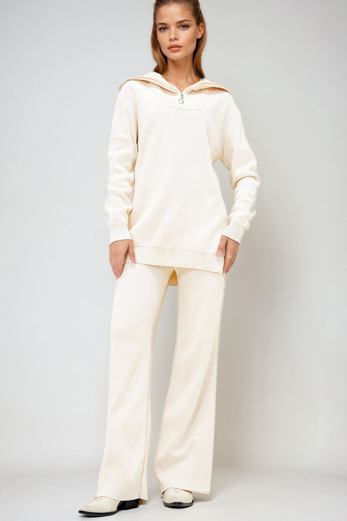 Ekru Denizci Yaka Çoban Dikişli Triko Kazak Ve Beli Lastikli Yüksek Bel Pantolon İkili Takım
