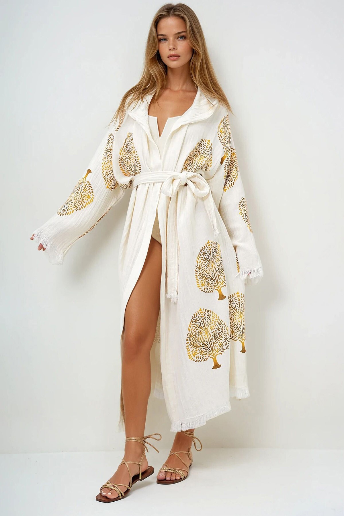 Ekru Desenli Beli Kuşaklı Pamuk Müslin Kapüşonlu Kimono