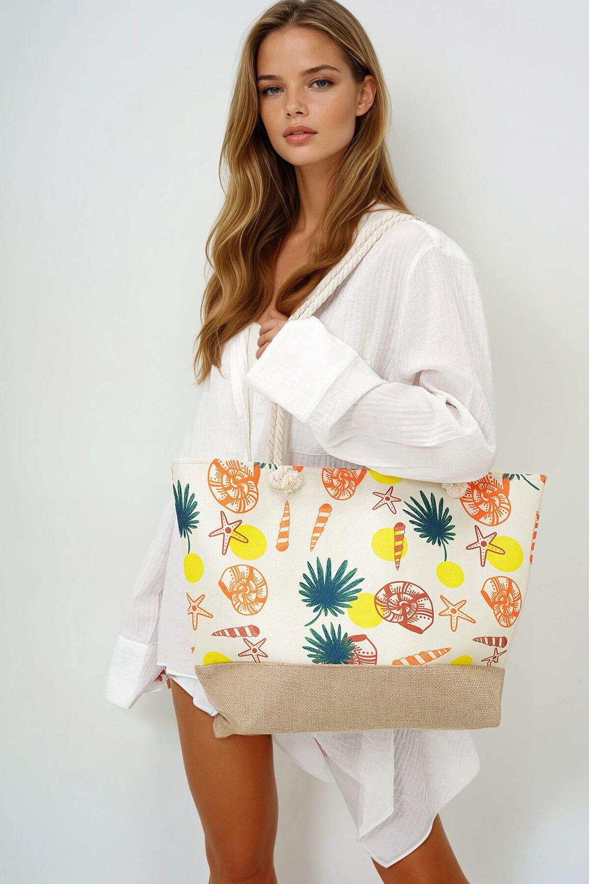 Ekru Hasır Taban Desenli Maxi Boy Plaj Çantası