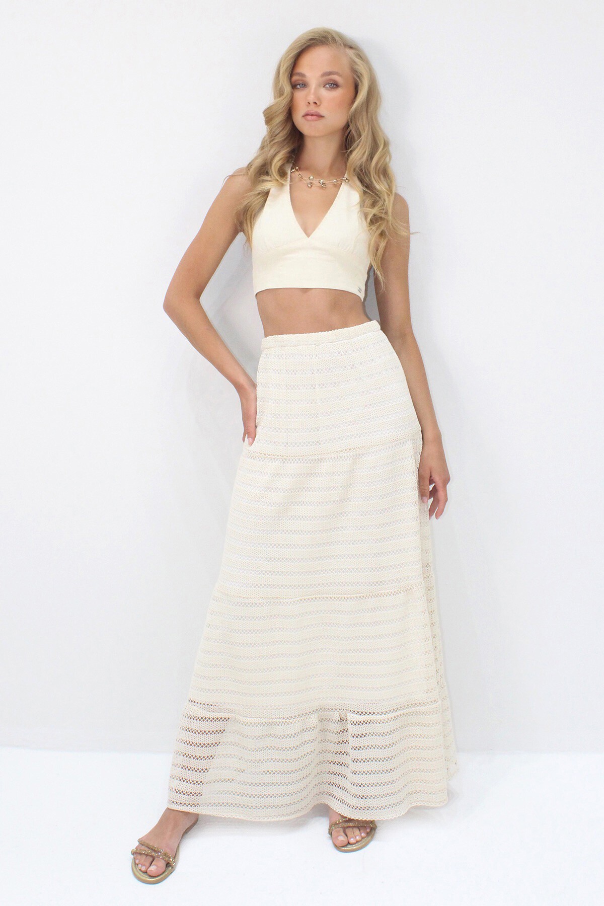 Ekru İçi Astarlı Güpür Etek