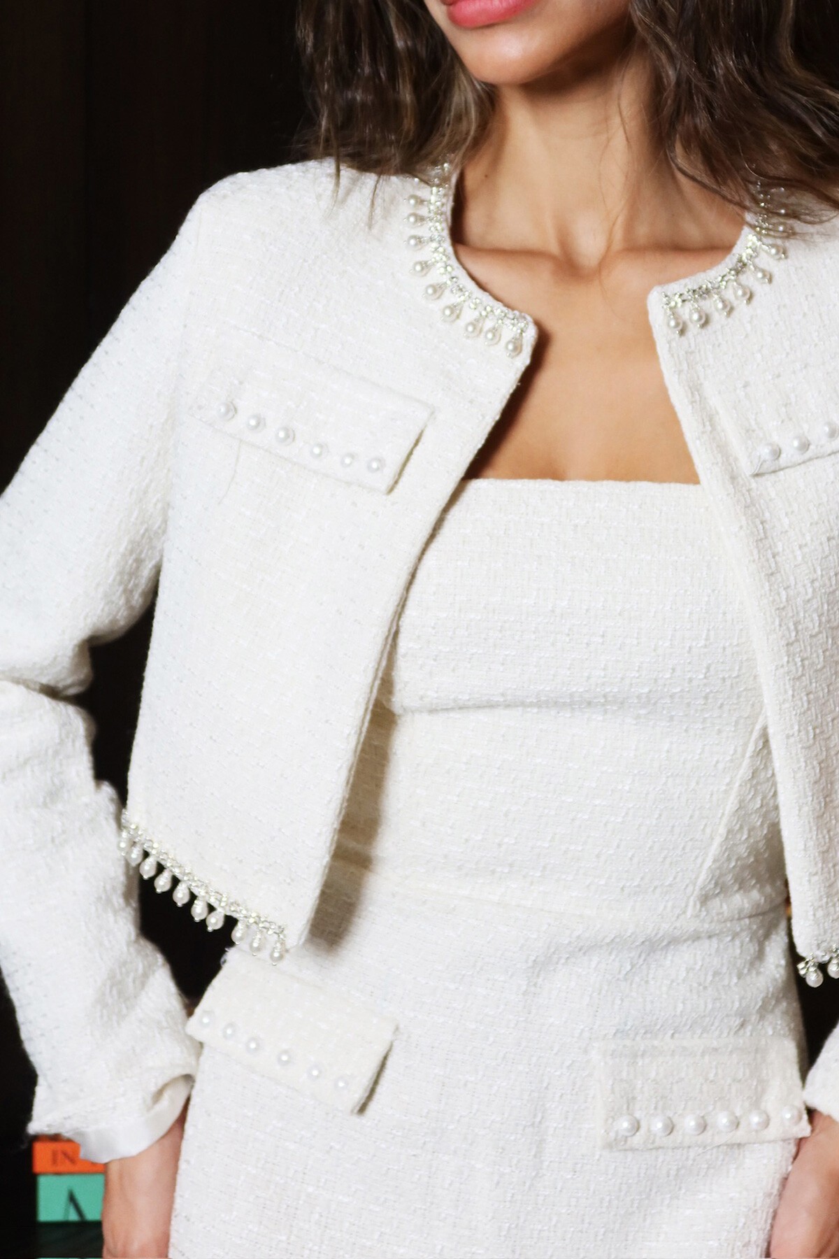 Ekru İncili Ceket Elbise Takım