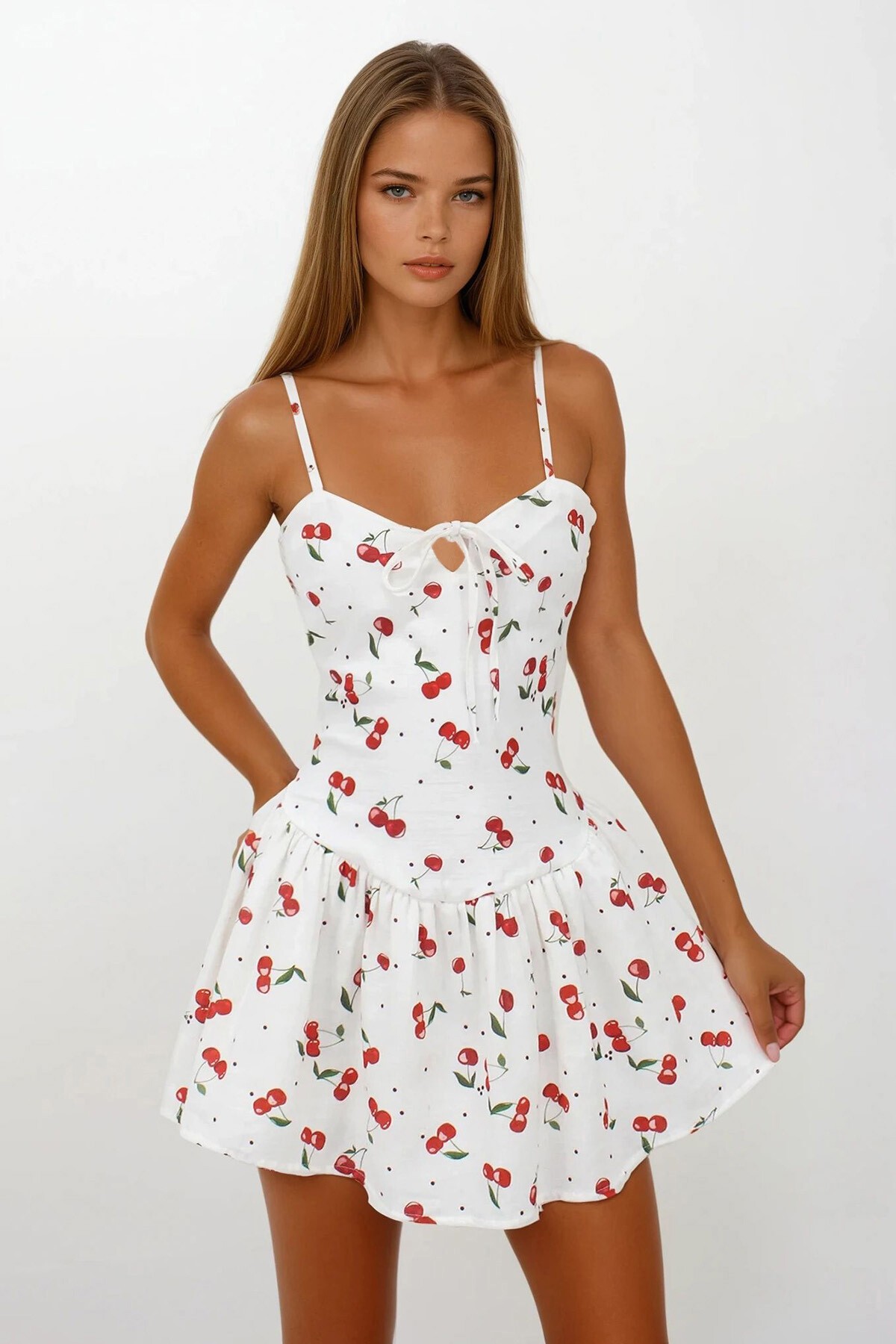 Ekru Kiraz Desenli Fermuar Kapamalı Astarlı Midi Boy Elbise