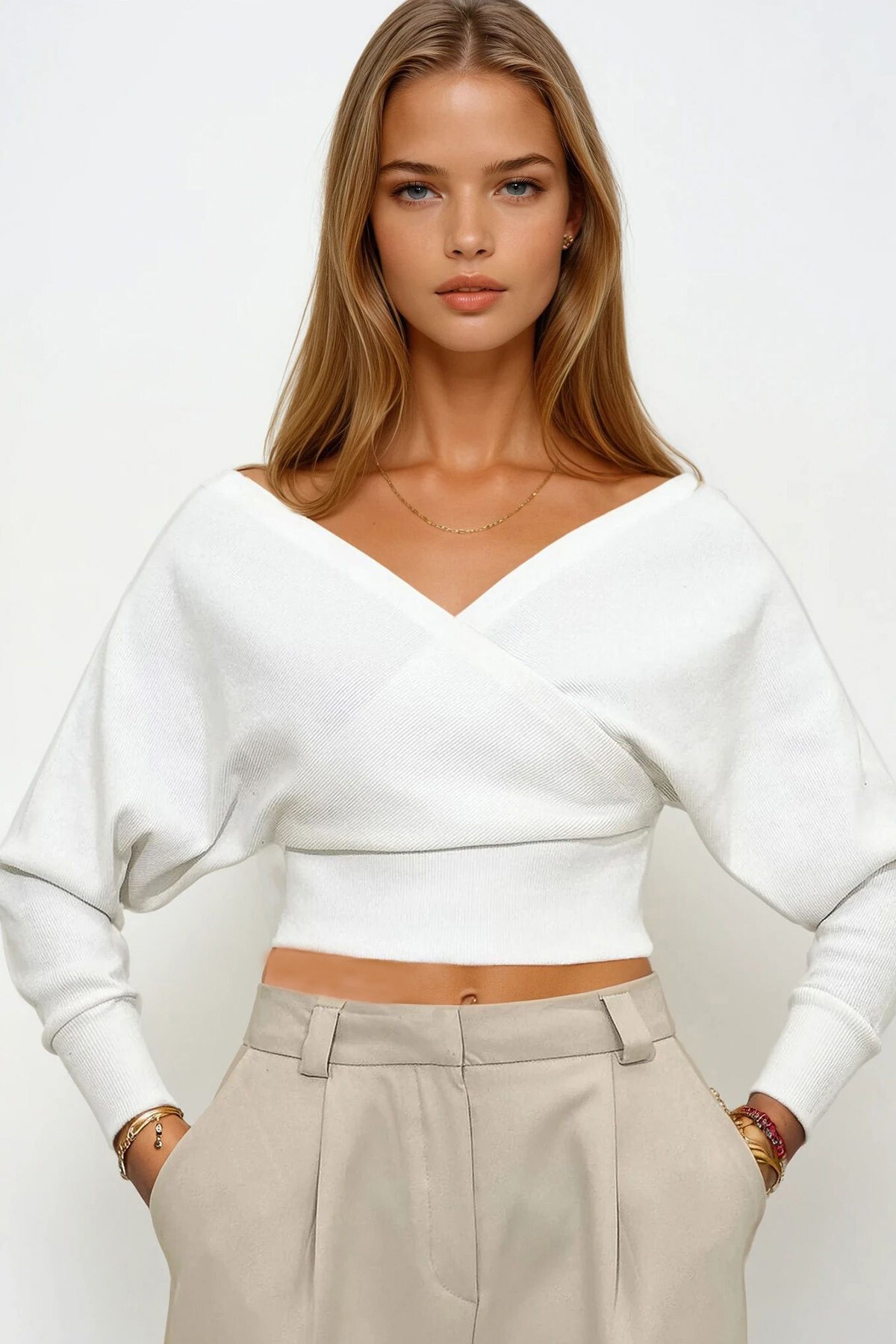 Ekru Ön Arka V Yaka Kruvaze Bluz