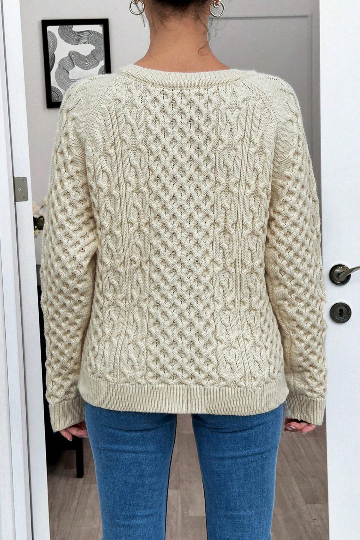 Ekru Önü Düğmeli Bisiklet Yaka Triko Hırka