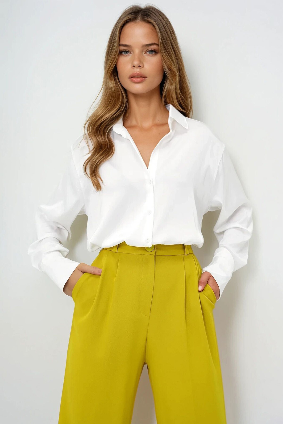 Ekru Oversize İpek Saten Gömlek