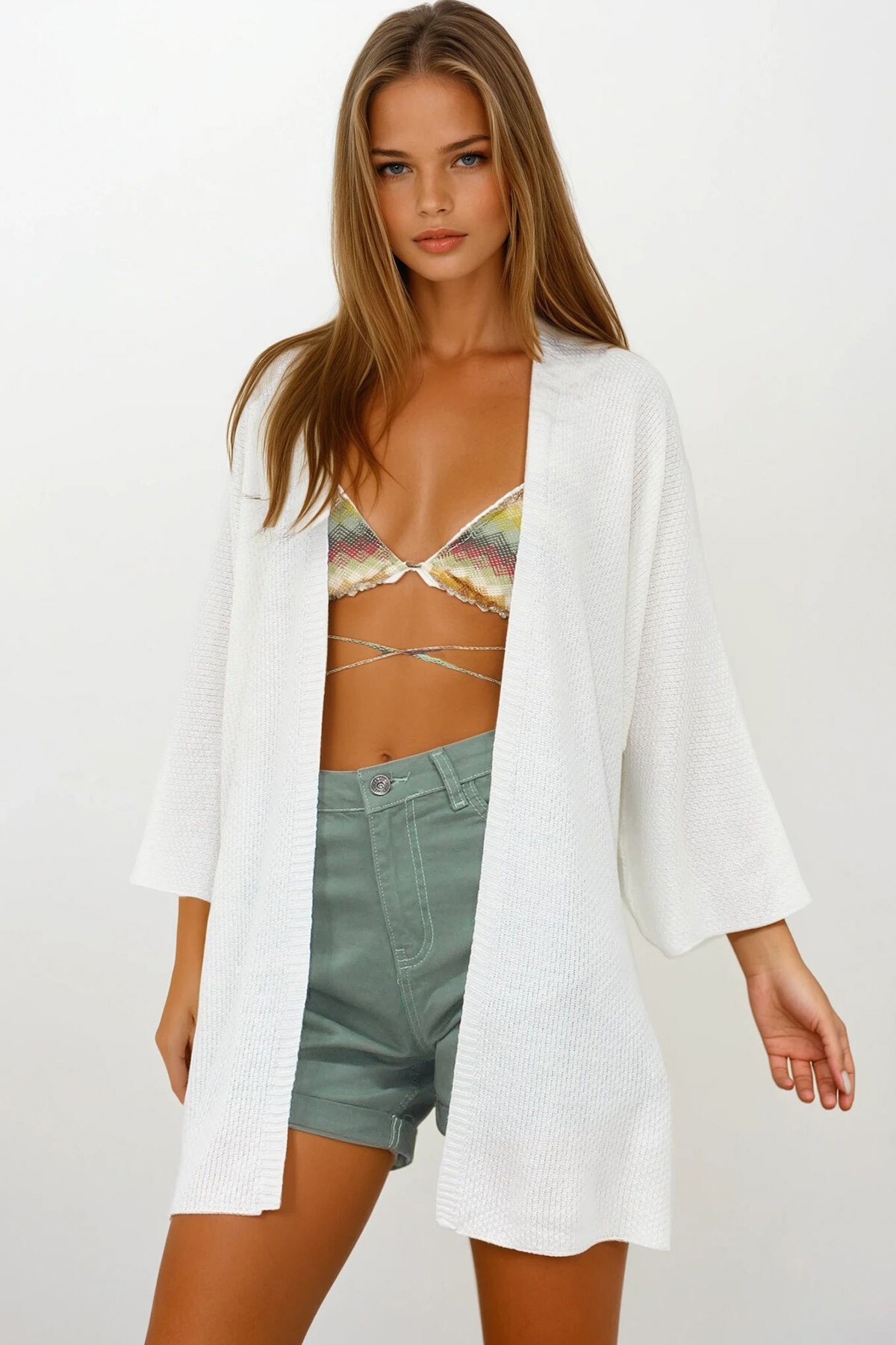 Ekru Oversize Uzun Triko Hırka