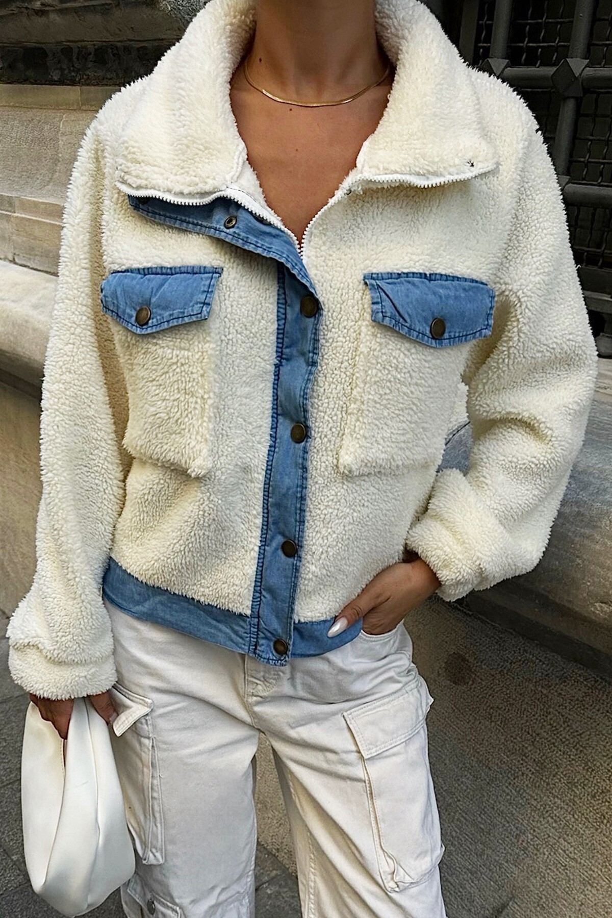 Ekru Peluş Kot Karışımlı Ceket