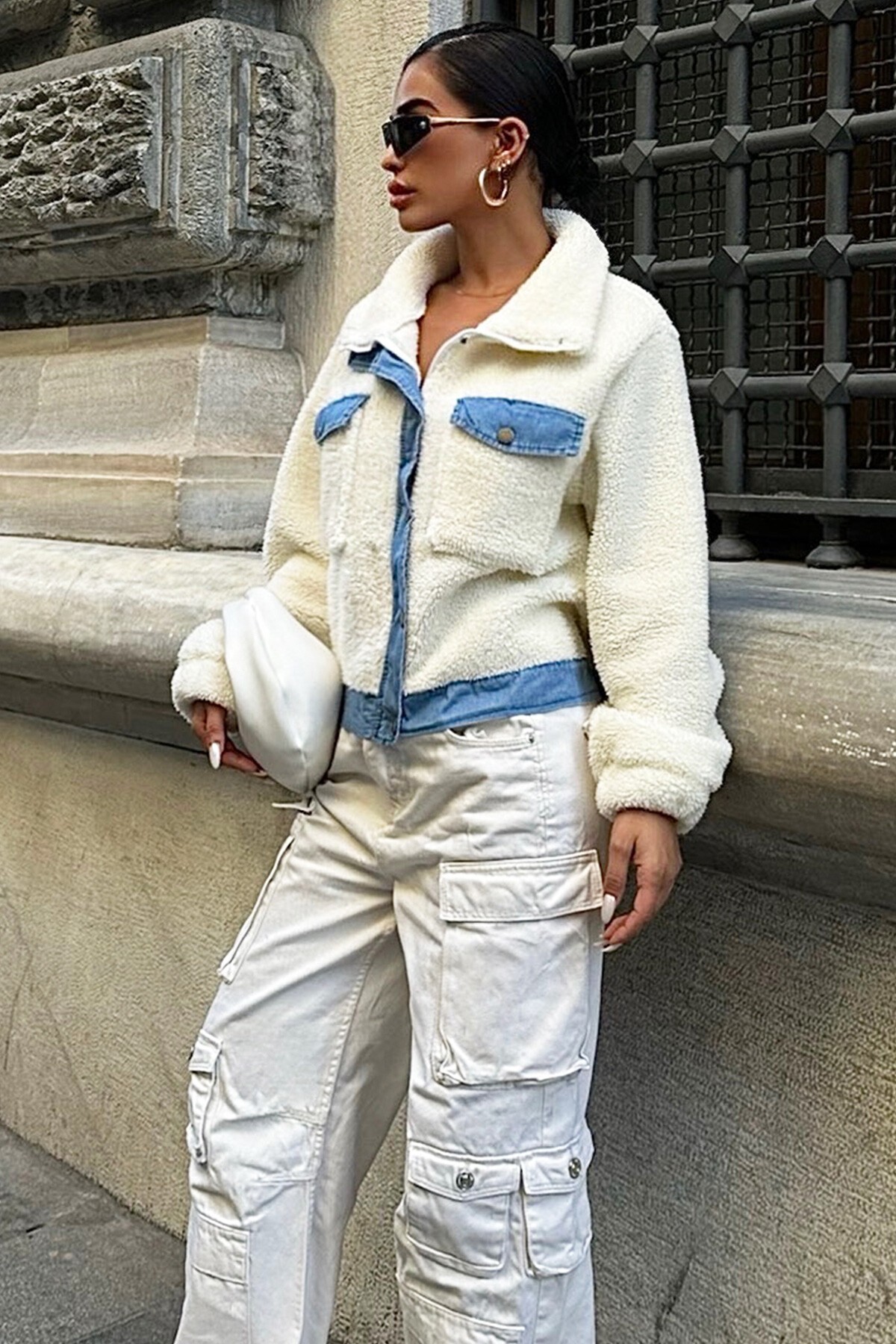 Ekru Peluş Kot Karışımlı Ceket