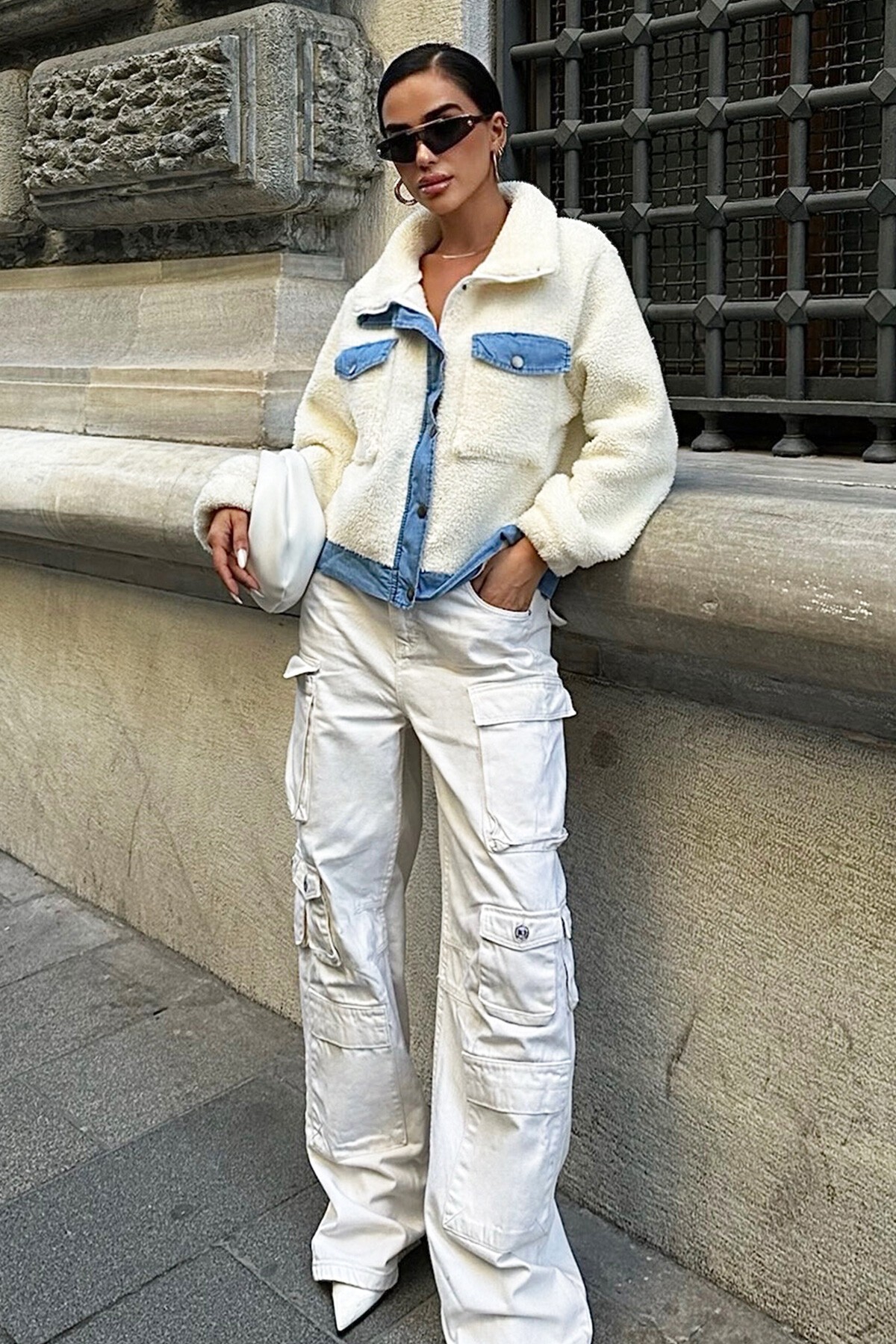 Ekru Peluş Kot Karışımlı Ceket