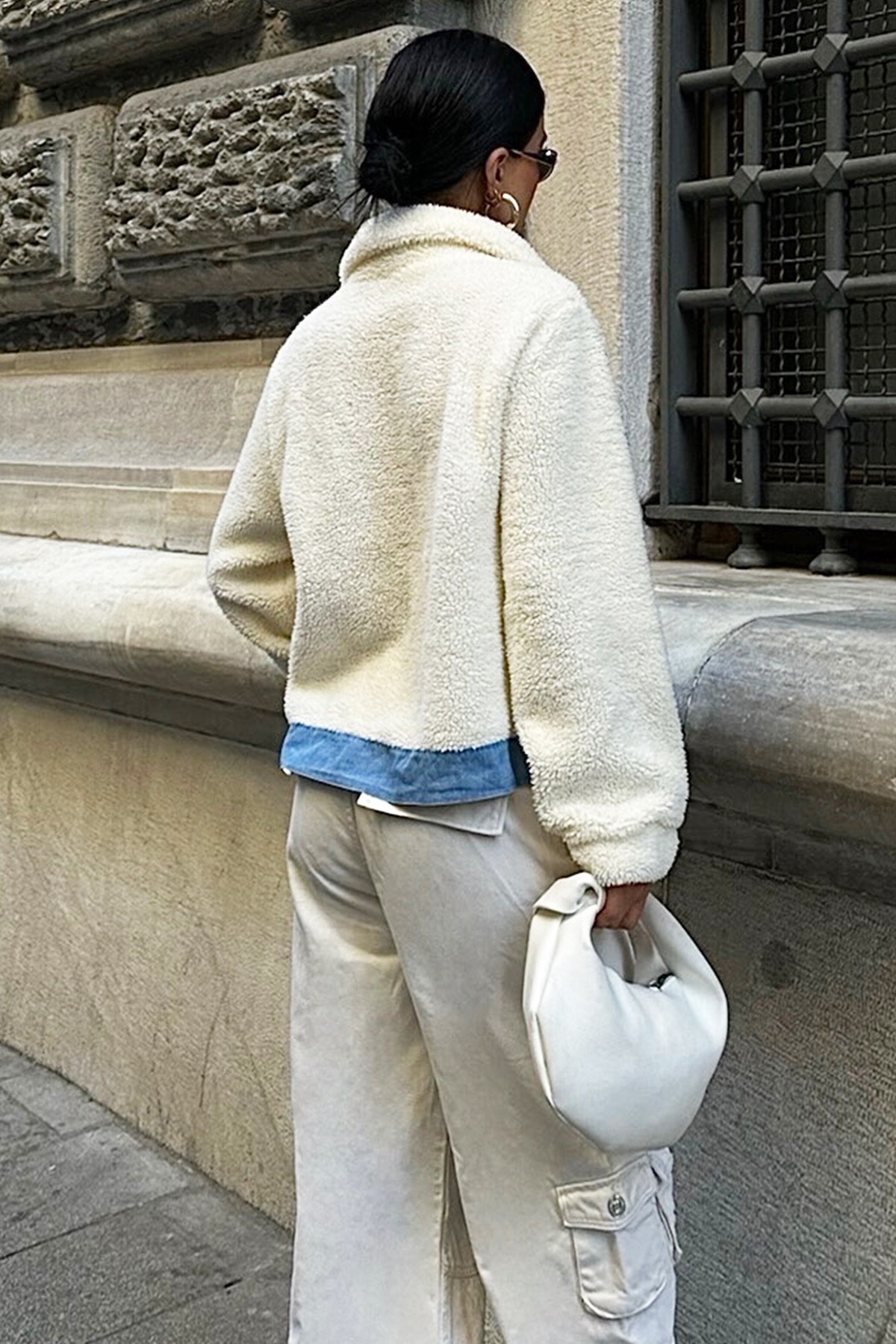 Ekru Peluş Kot Karışımlı Ceket