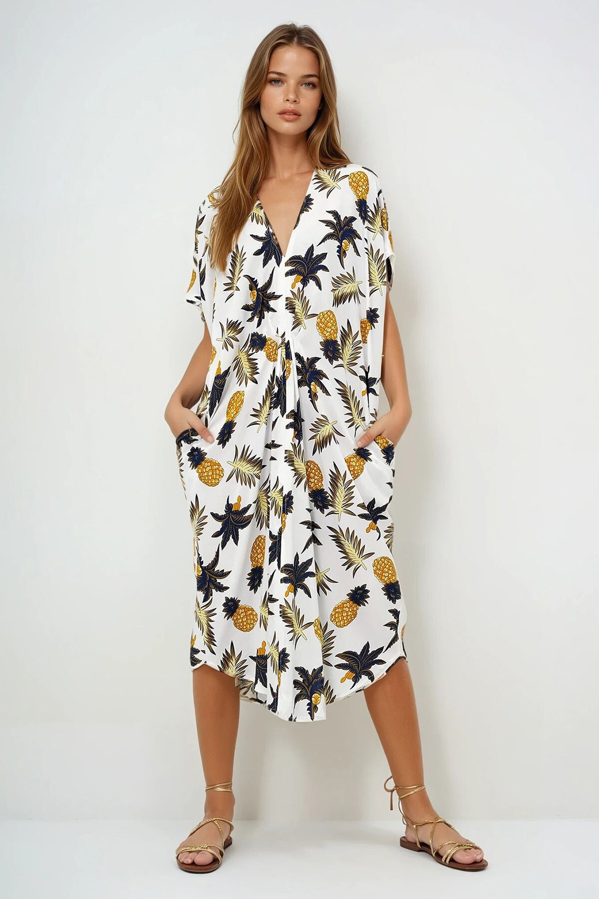 Ekru Sarı V Yaka Desenli Yazlık Maxi Boy Dokuma Elbise