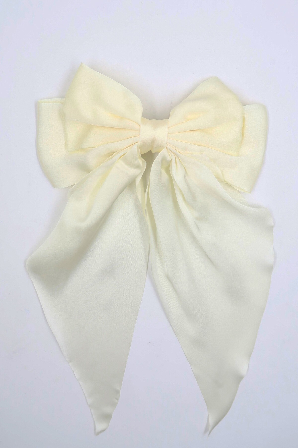 Ekru Saten Büyük Kurdeleli Klipsli Saç Tokası