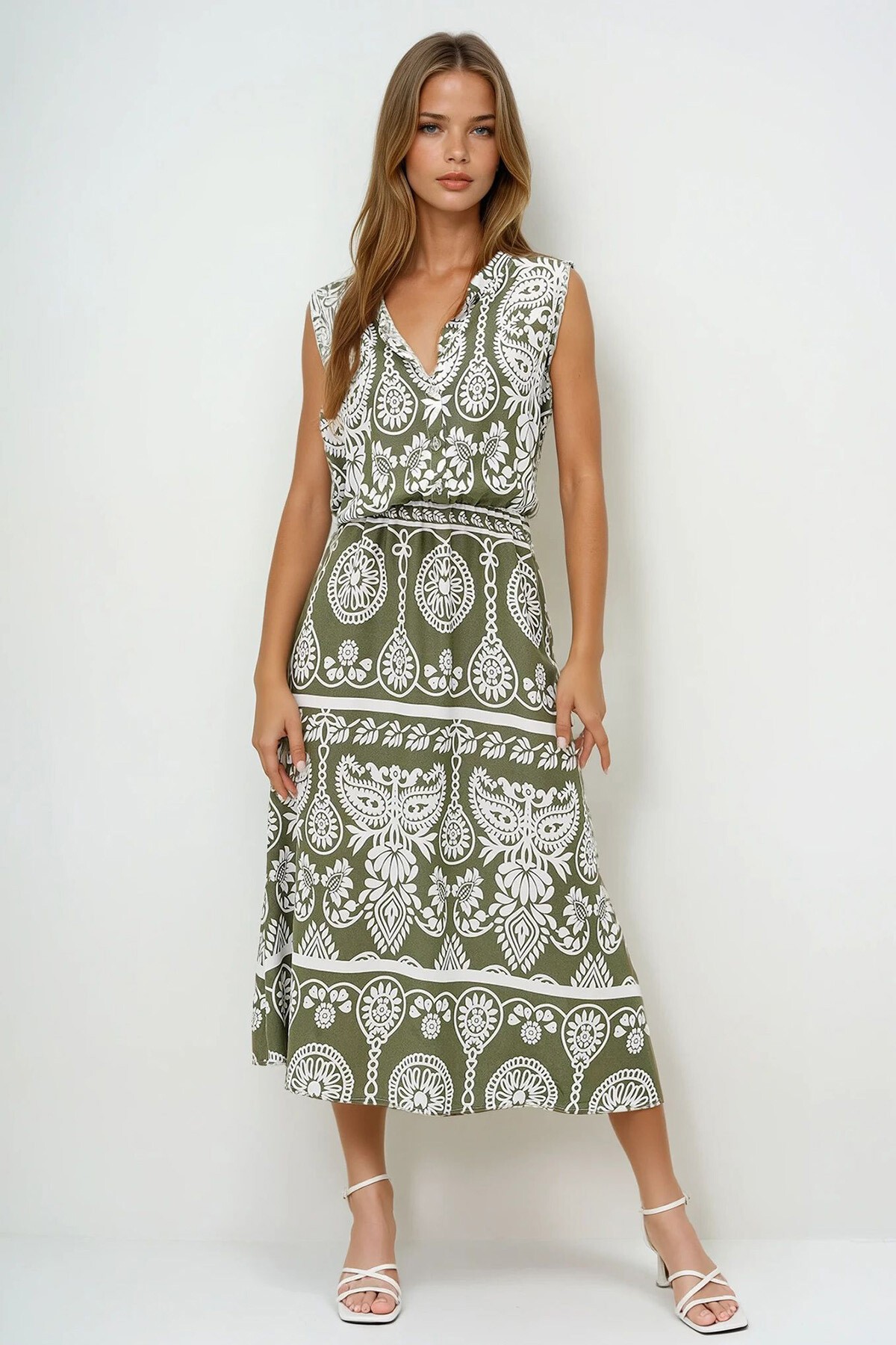 Ekru Yeşil Hakim Yaka Önü Düğmeli Sıfır Kol Dokuma Yazlık Elbise