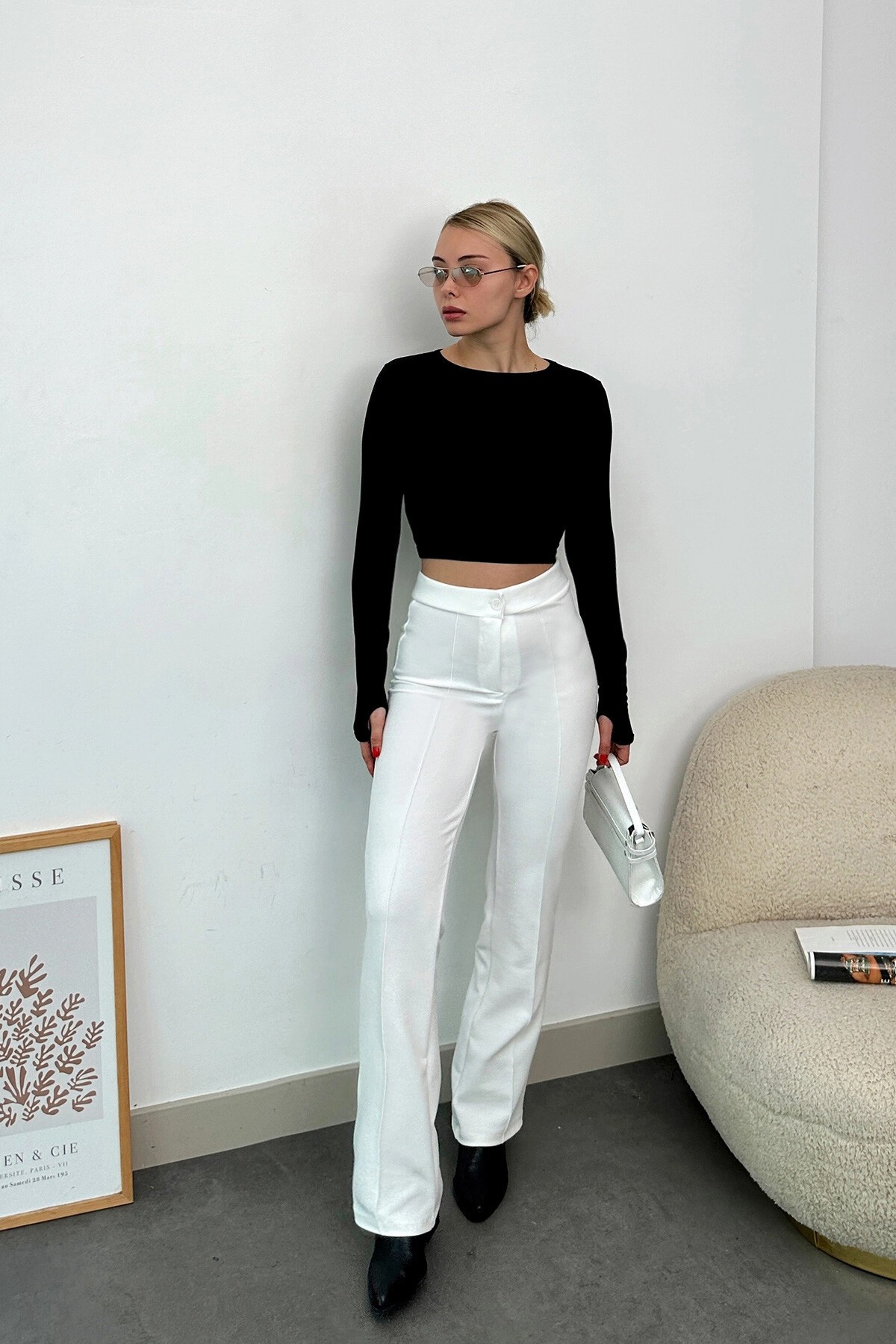 Ekru Yüksek Bel Nervür Dikişli Palazzo Pantolon