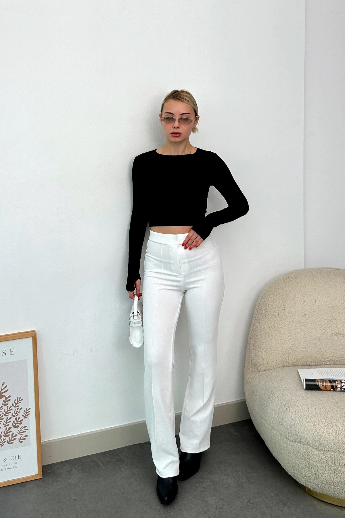 Ekru Yüksek Bel Nervür Dikişli Palazzo Pantolon