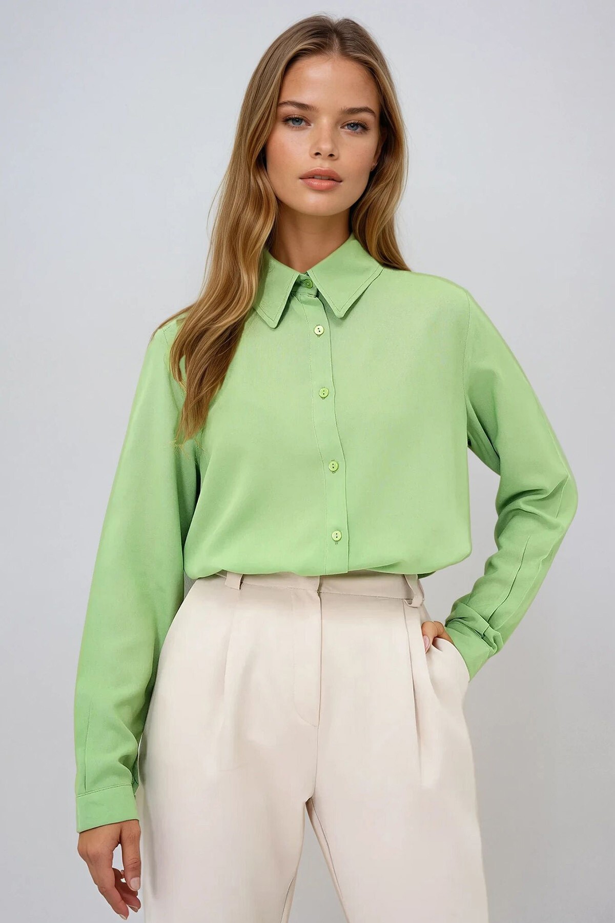 Fıstık Yeşili Basic Viscon Dokuma Gömlek