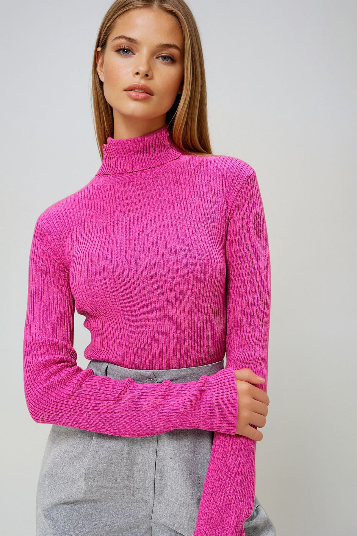Fuşya Balıkçı Yaka Fitilli Triko Kazak