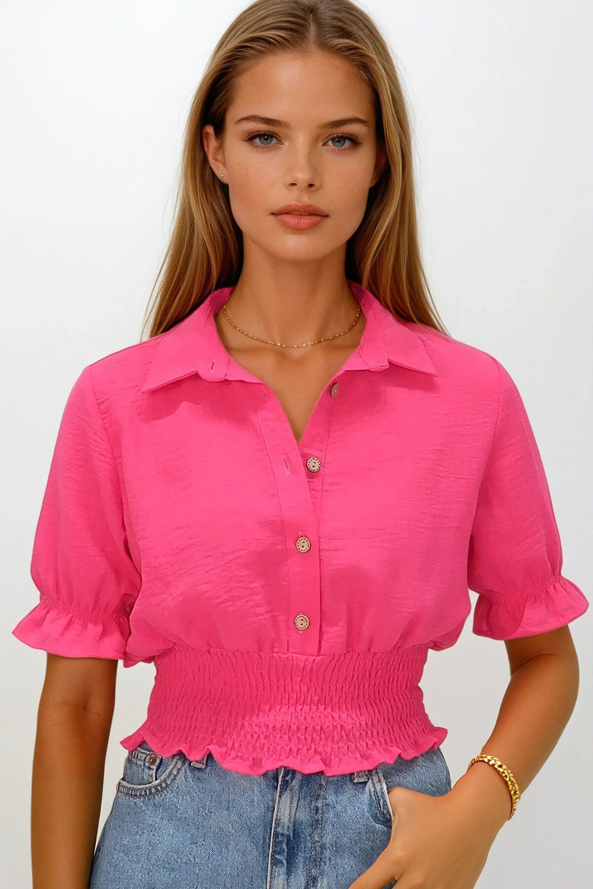 Fuşya Beli Lastikli Düğme Kapamalı Gömlek Yaka Bluz