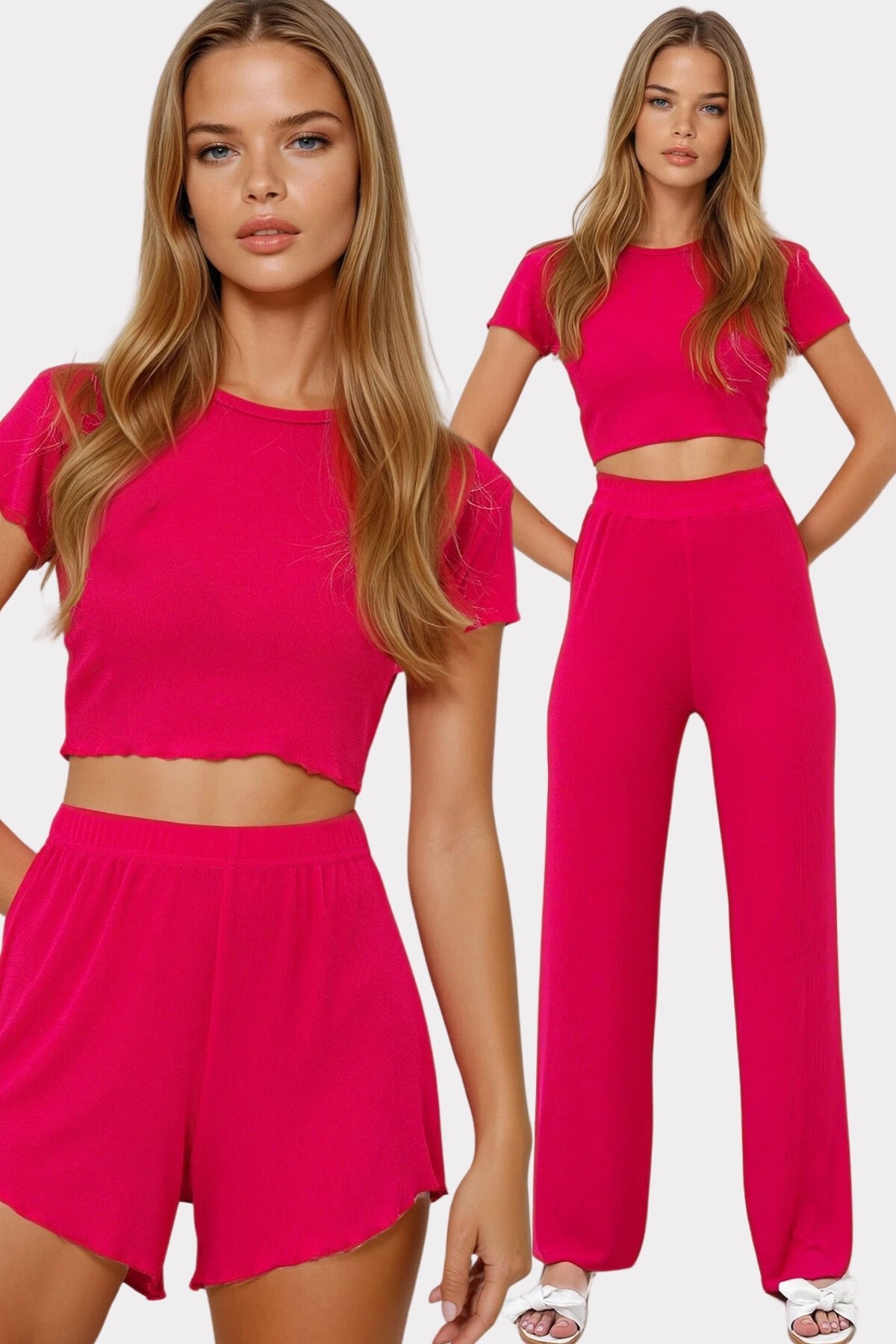 Fuşya Bisiklet Yaka Crop Bluz, Şort Ve Pantolonlu 3 Lü Set Pijama Takımı