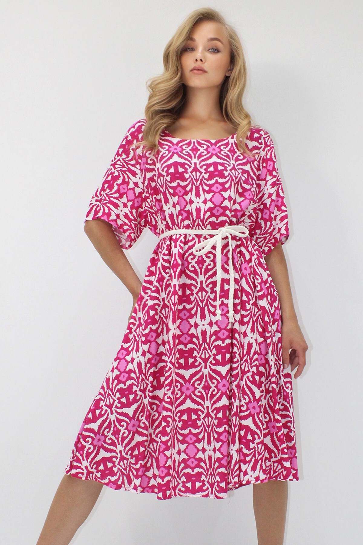 Fuşya Bisiklet Yaka Desenli Rahat Kalıp Dokuma Viskon Elbise