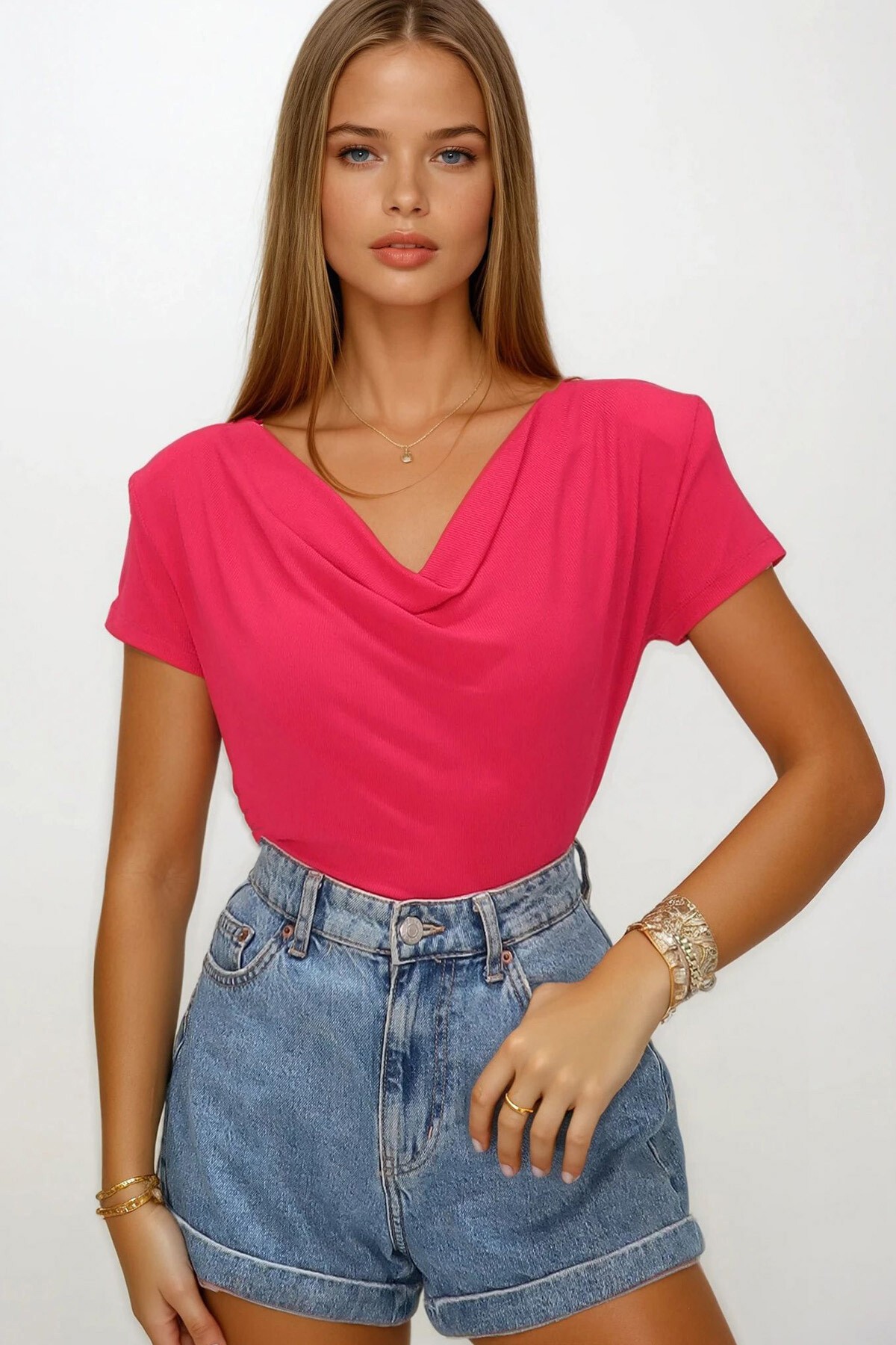 Fuşya Degaje Yaka Dökümlü Vatkalı Örme Bluz