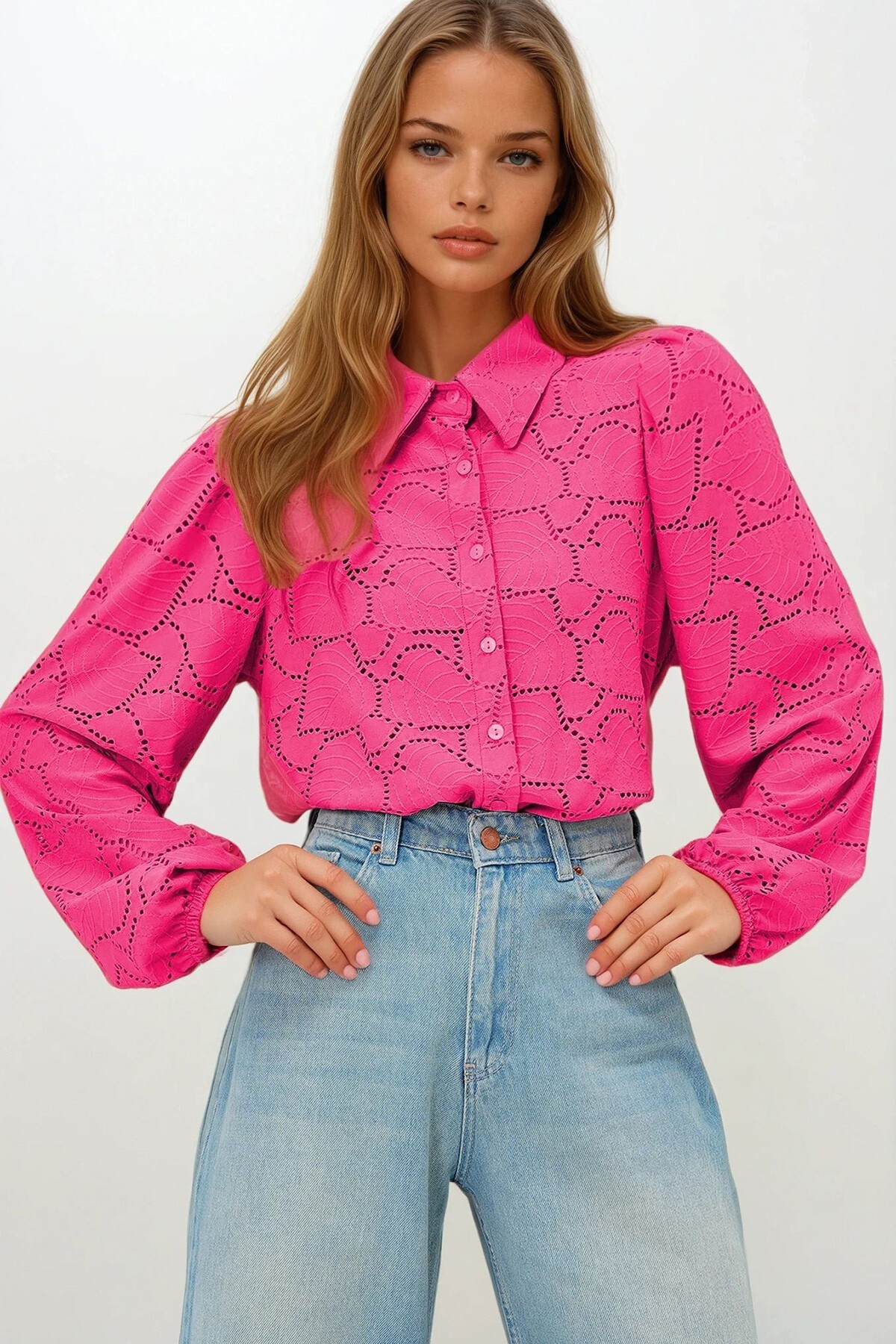 Fuşya Güpür Dokuma Premıum Gömlek