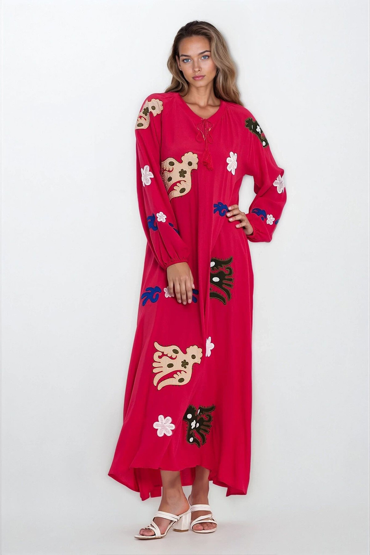 Fuşya Hakim Yaka Bağcıklı Kolları Lastikli Desenli Büyük Beden Elbise