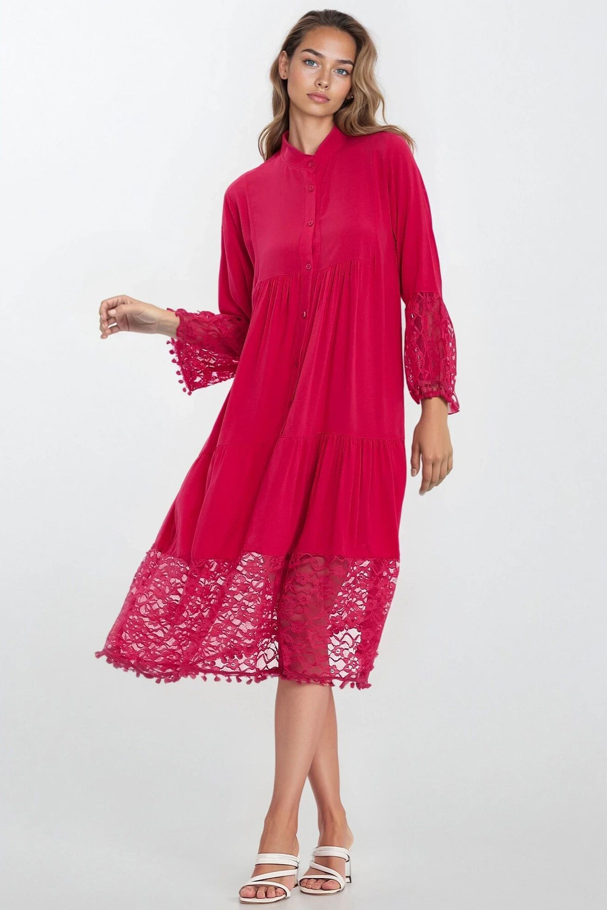 Fuşya Hakim Yaka Önü Düğmeli Dantelli Viskon Elbise