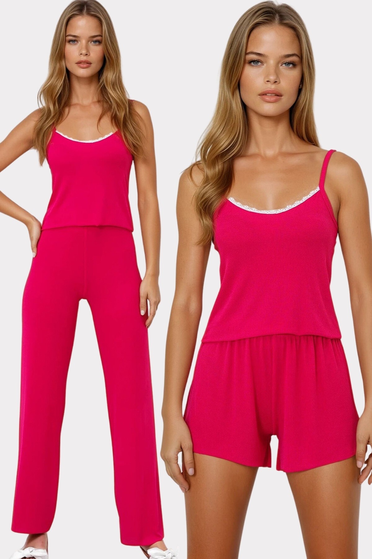 Fuşya İp Askılı Dantel Detaylı Bluz, Şort Ve Pantolonlu 3 Lü Set Pijama Takımı