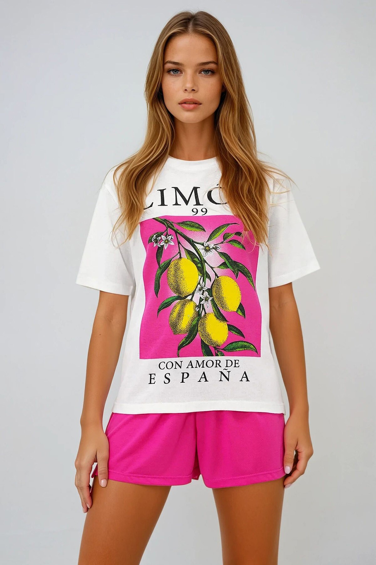 Fuşya Limon Baskılı Pamuklu Basic T Shırt Ve Şortlu Pijama Takımı