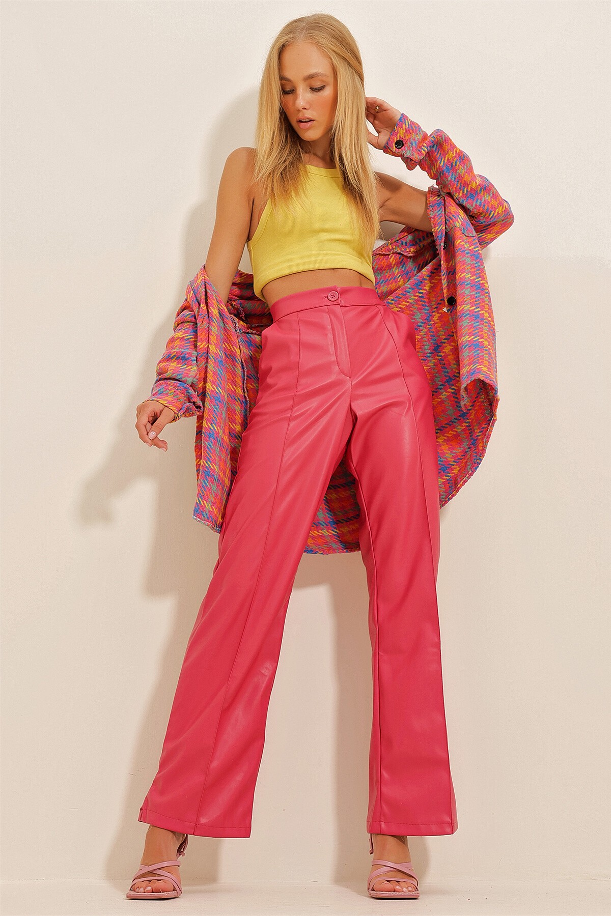 Fuşya Önü Çimalı Çift Cepli Suni Deri Palazzo Pantolon