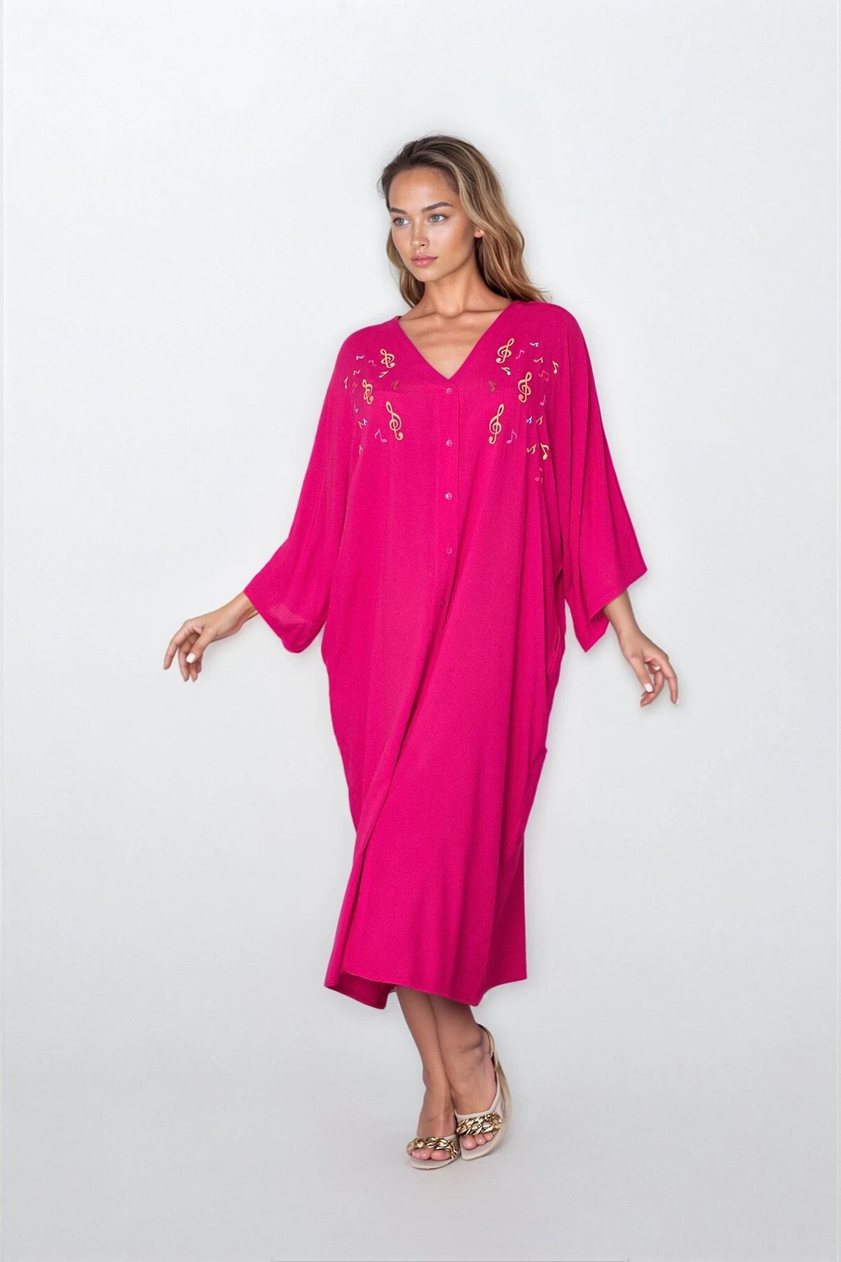 Fuşya Önü Düğmeli Çift Cepli Büyük Beden Viskon Elbise