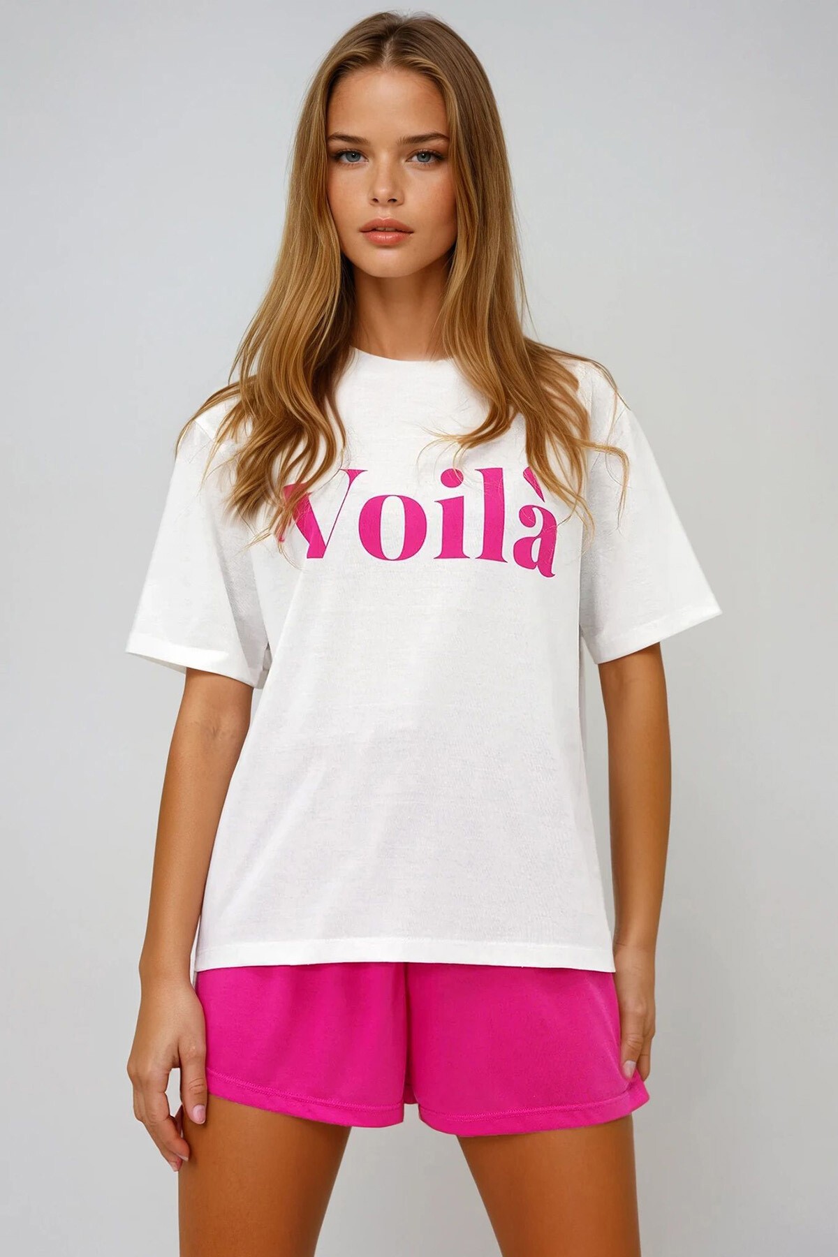 Fuşya Önü Yazı Baskılı Pamuklu Basic T Shırt Ve Şortlu Penye Alt Üst Takım