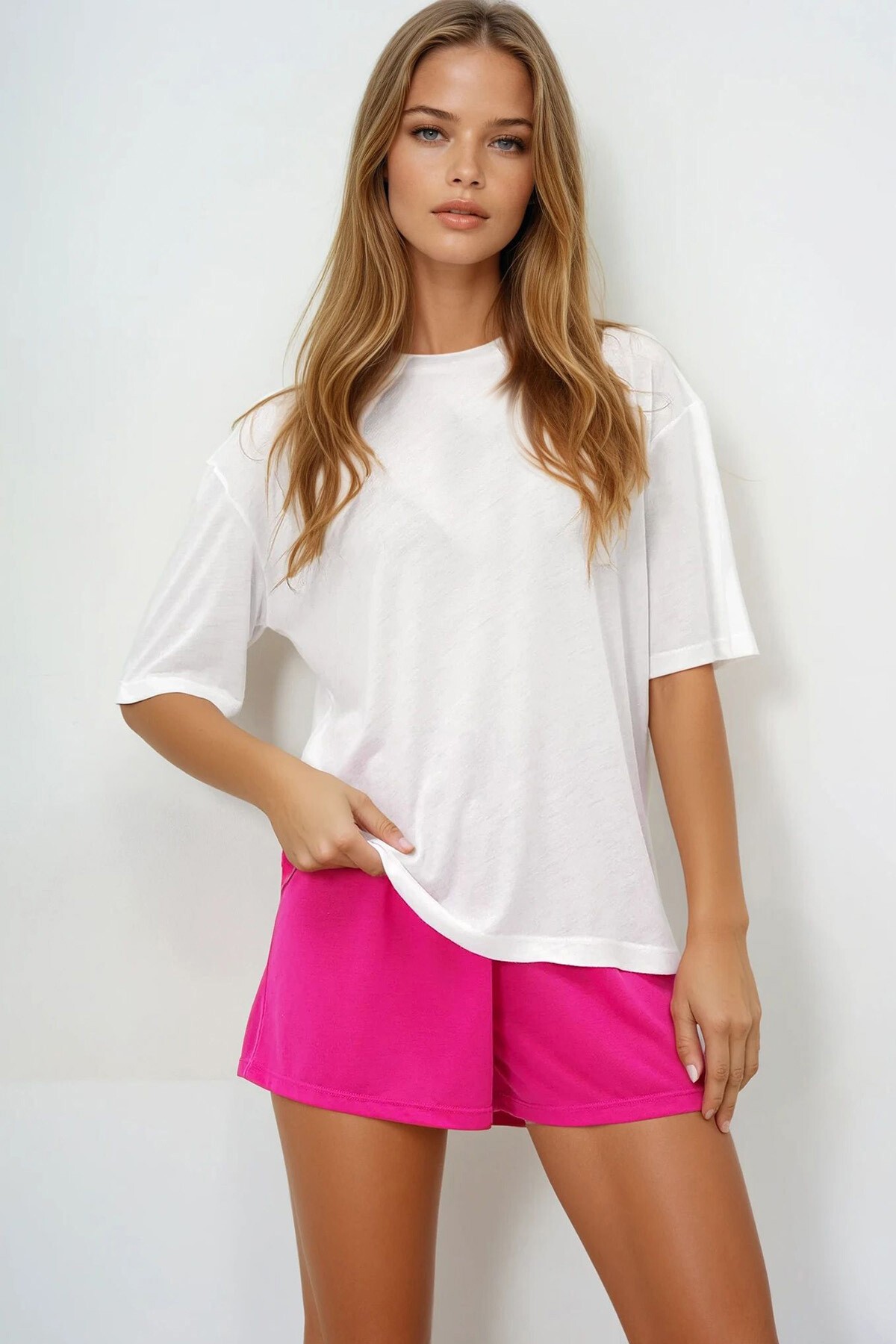 Fuşya Pamuklu Basic T Shırt Ve Bağlamalı Şortlu Penye Alt Üst Takım