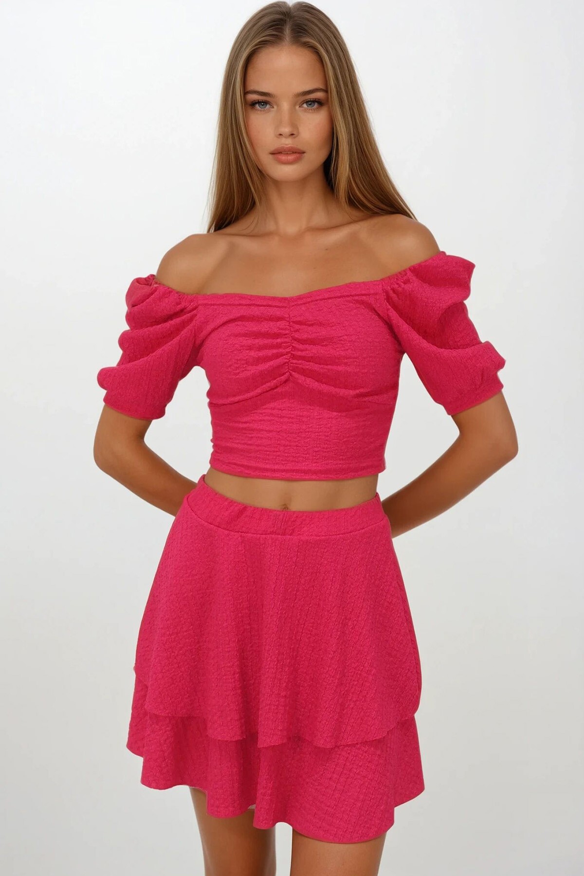 Fuşya Prenses Kol Büzgülü Bluz Ve Eteği Volanlı Bürümcük Takım