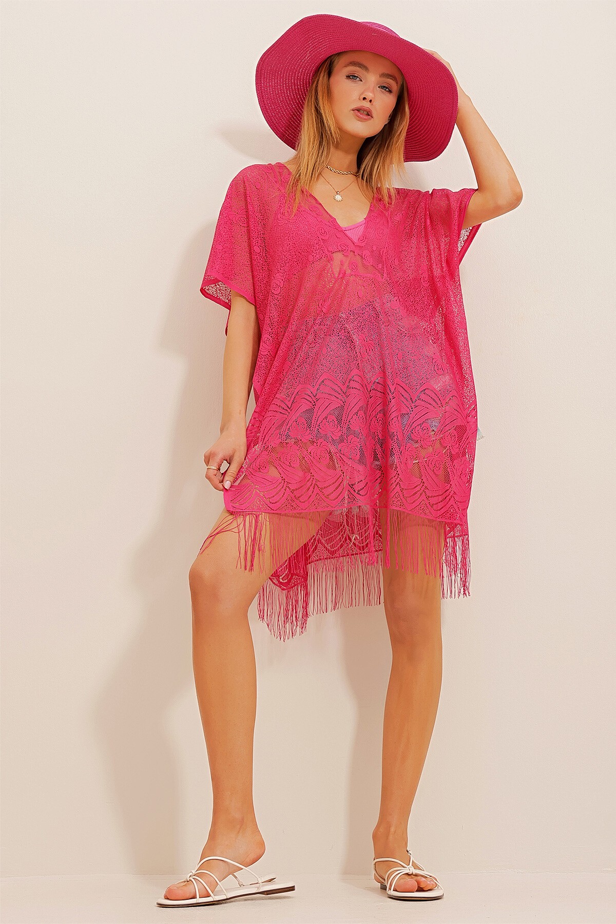 Fuşya Püsküllü Plaj Üstü Dantel Kimono