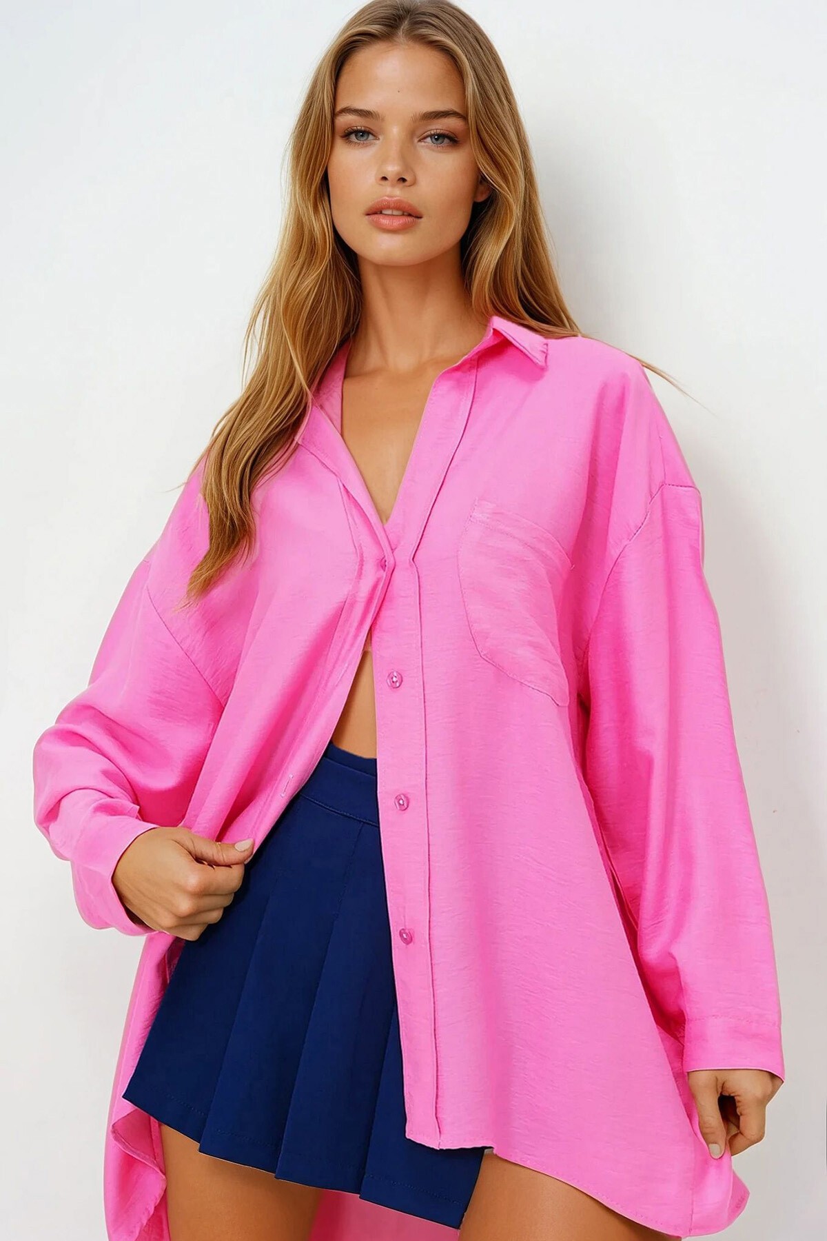 Fuşya Tek Cepli Oversize Aerobin Keten Gömlek