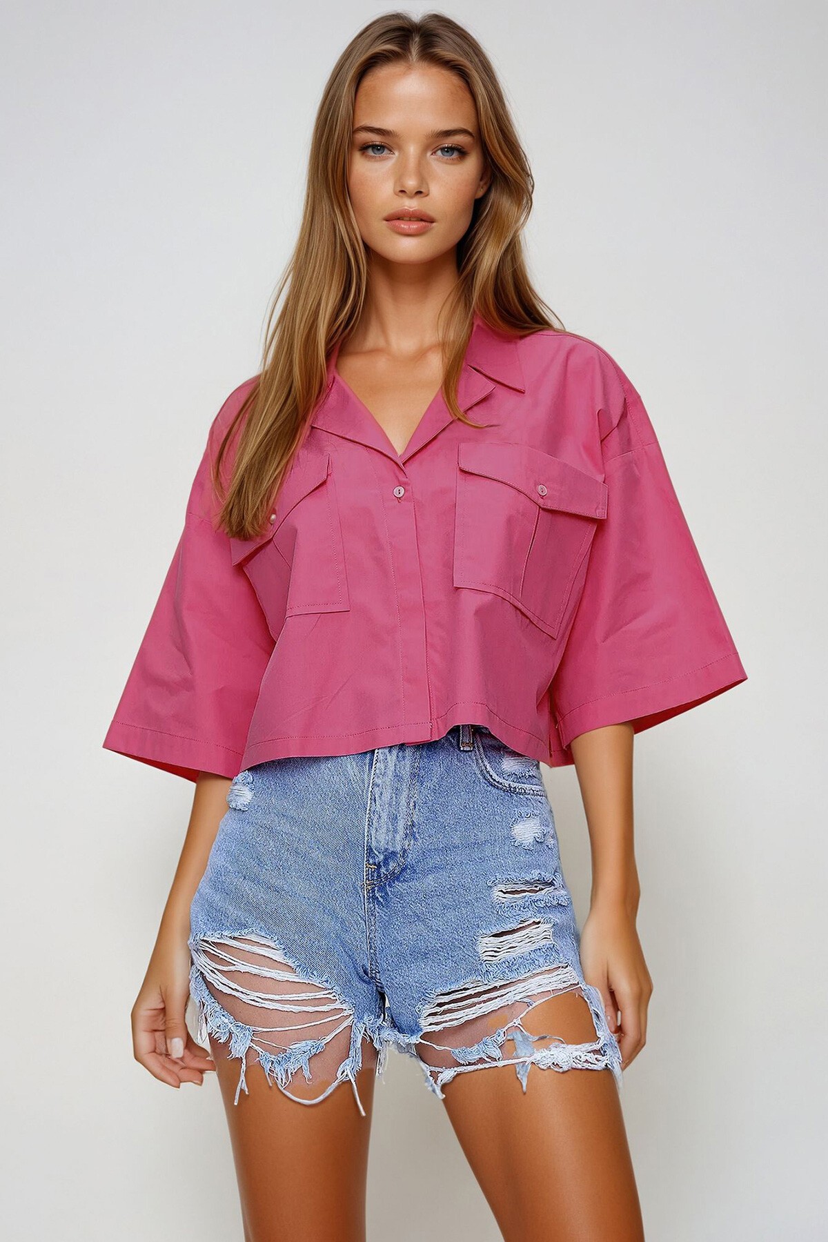 Fuşya Zarf Cepli Crop Poplin Gömlek