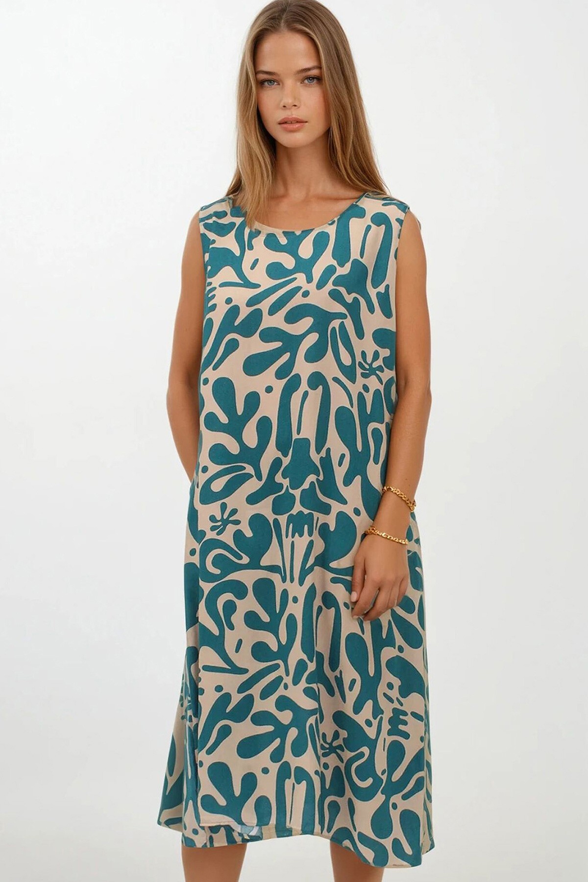 Gök Mavisi Desenli Çift Cepli Kolsuz Rahat Kesim Elbise