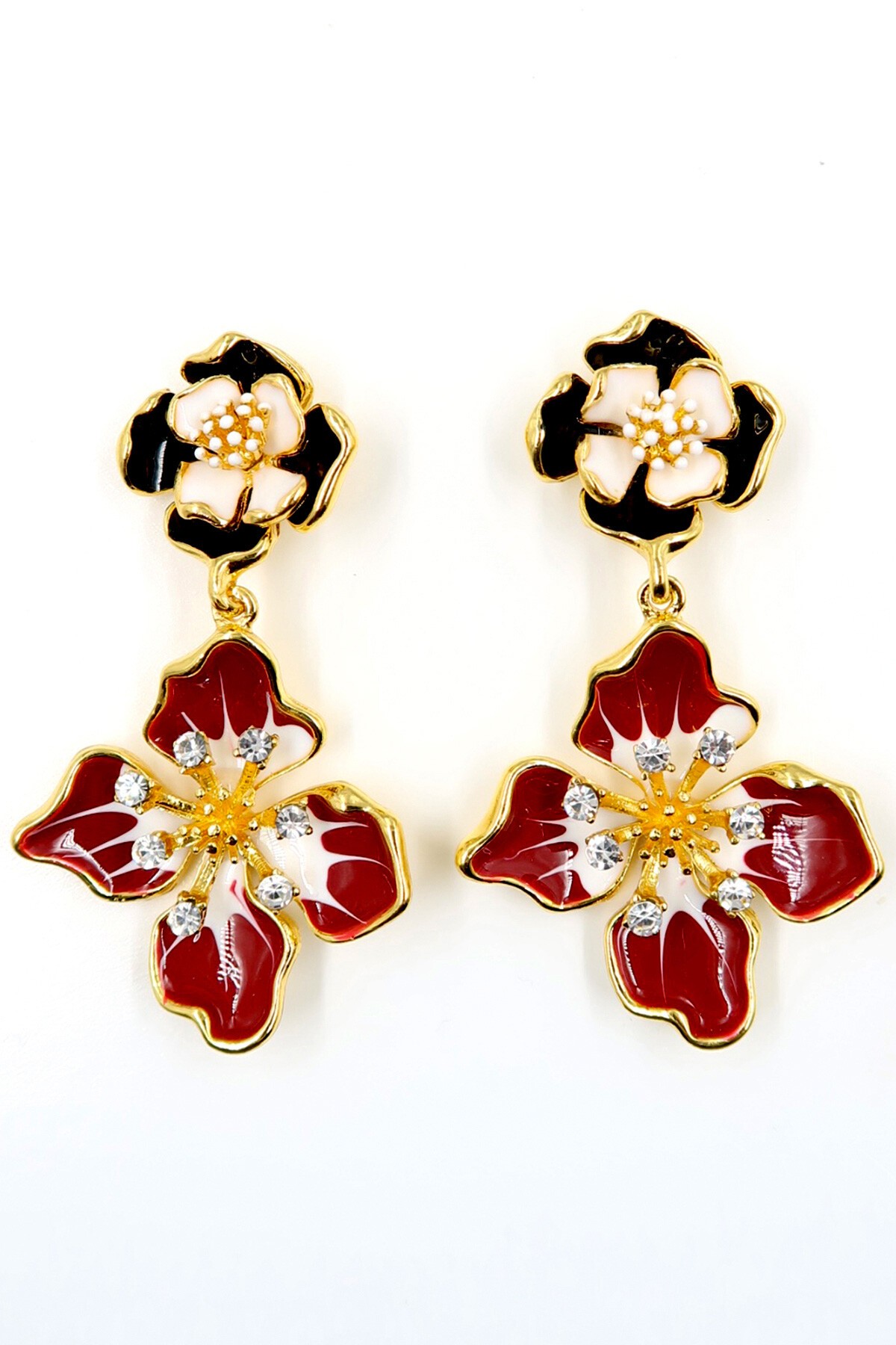 Gold Mineli Taşlı Çiçek Model Sallantılı Küpe