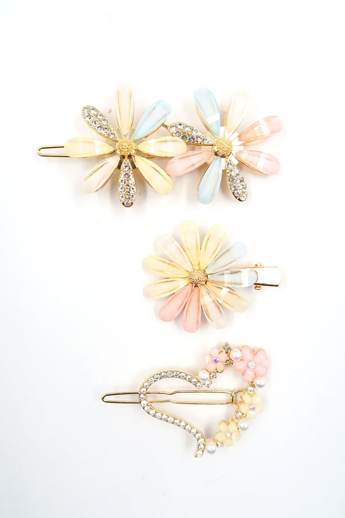 Gold Sedef Çiçekli İnci Detaylı Zirkon Taşlı 3Lü Saç Tokası Seti