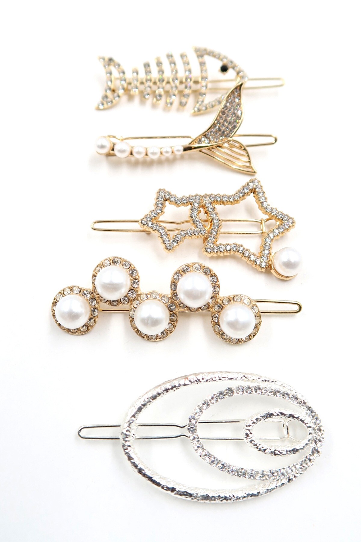 Gold Zirkon Taşlı İnci Detaylı 5Li Gold Saç Tokası Seti